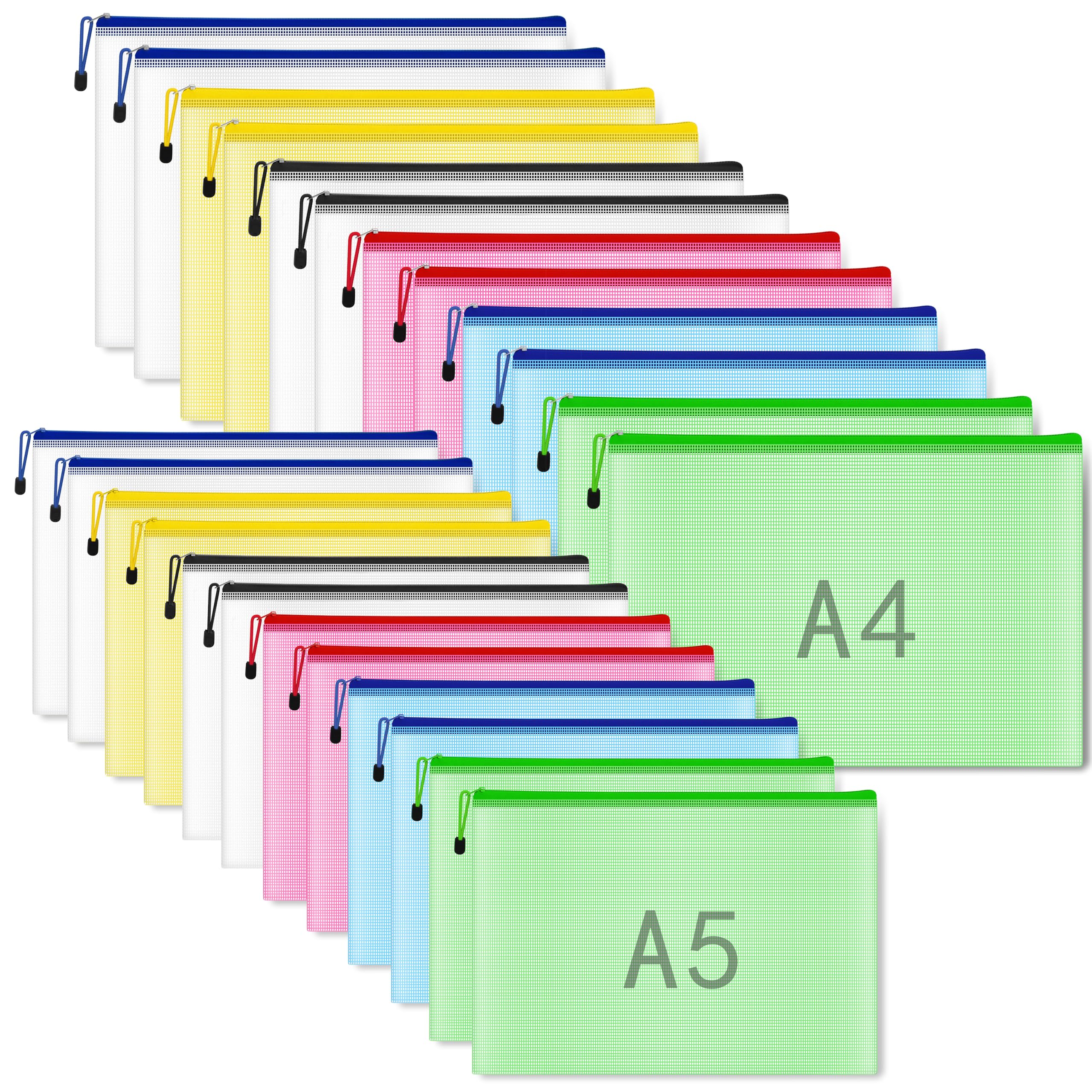 24 Pcs Plastic Wallets Zip, A4 A5 Document Wallets, Waterproof Zip Folders Plastic Zipper File Bags for Lego, Puzzle Pieces, Craft Storage (6 Colors)