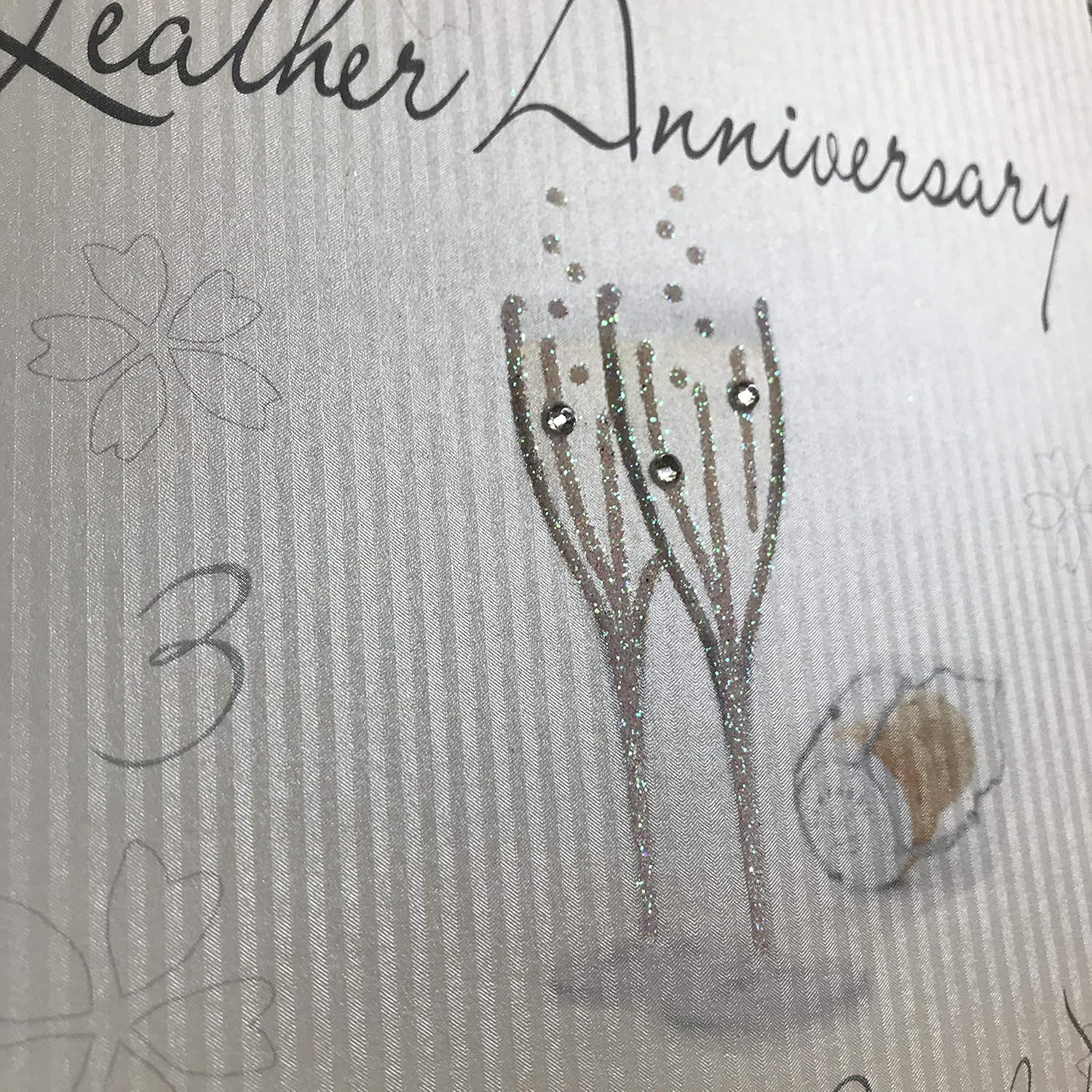 white cotton cards Champagne Glasses Leather Anniversary Handmade 3rd Anniversary Card, White, WA3, 16cm x 16cm - Image 3