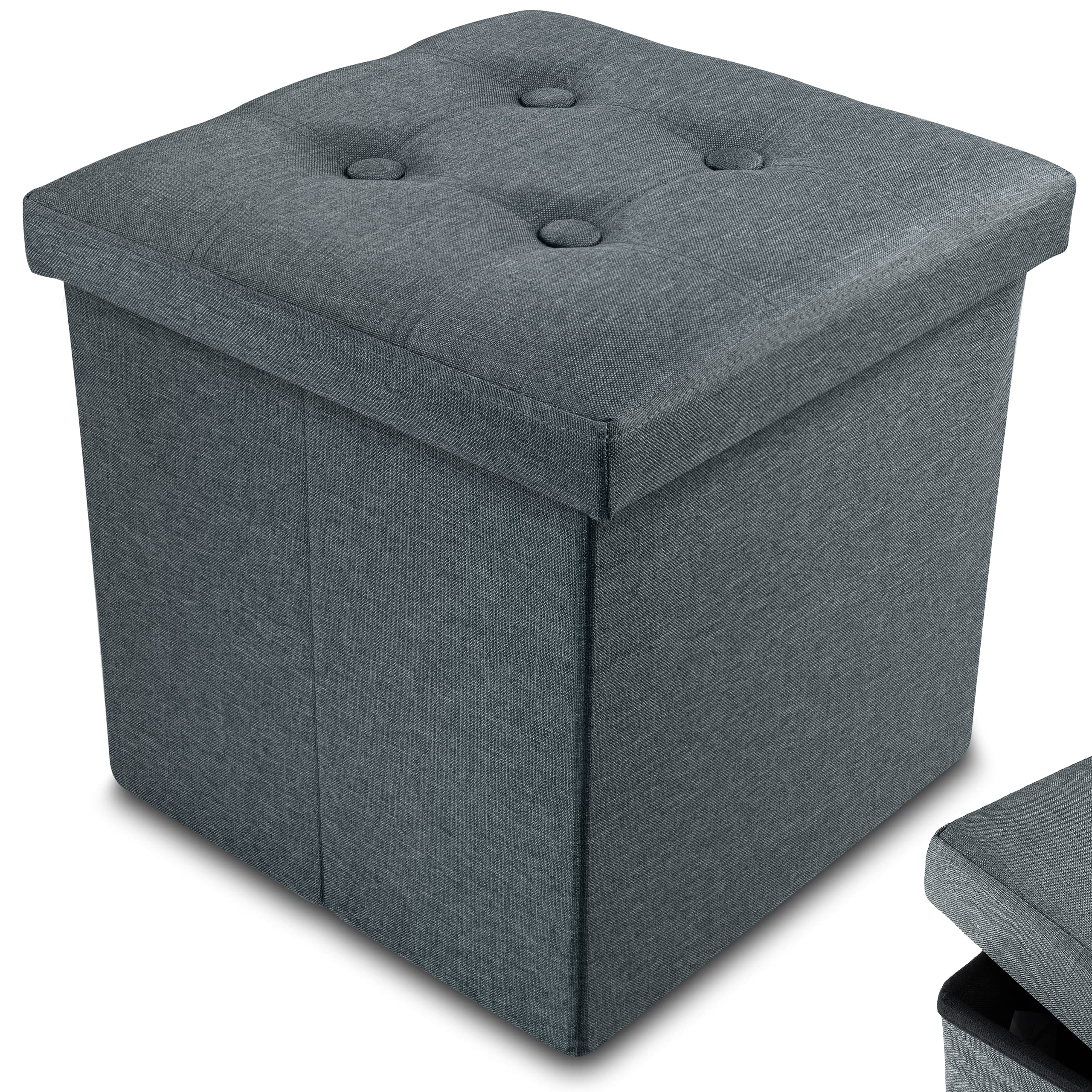 Nyxi Foldable Ottoman Storage Box, 38x38x38cm, 40L Capacity, Fabric, Multi-Purpose Seat, Foot Stool, Storage Organizer with Lid for Kids Toys, Bedroom, Hallway, Living Room Dark Grey