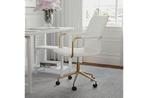 Martha Stewart Taytum Swivel Task Chair with Armrests for Home Office in White Faux Leather with Polished Brass Frame