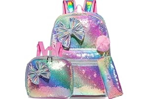 Meetbelify Backpack for Girls 16" Backpacks for Girls for School Sequin Backpack with Lunch Box for Elementary Students