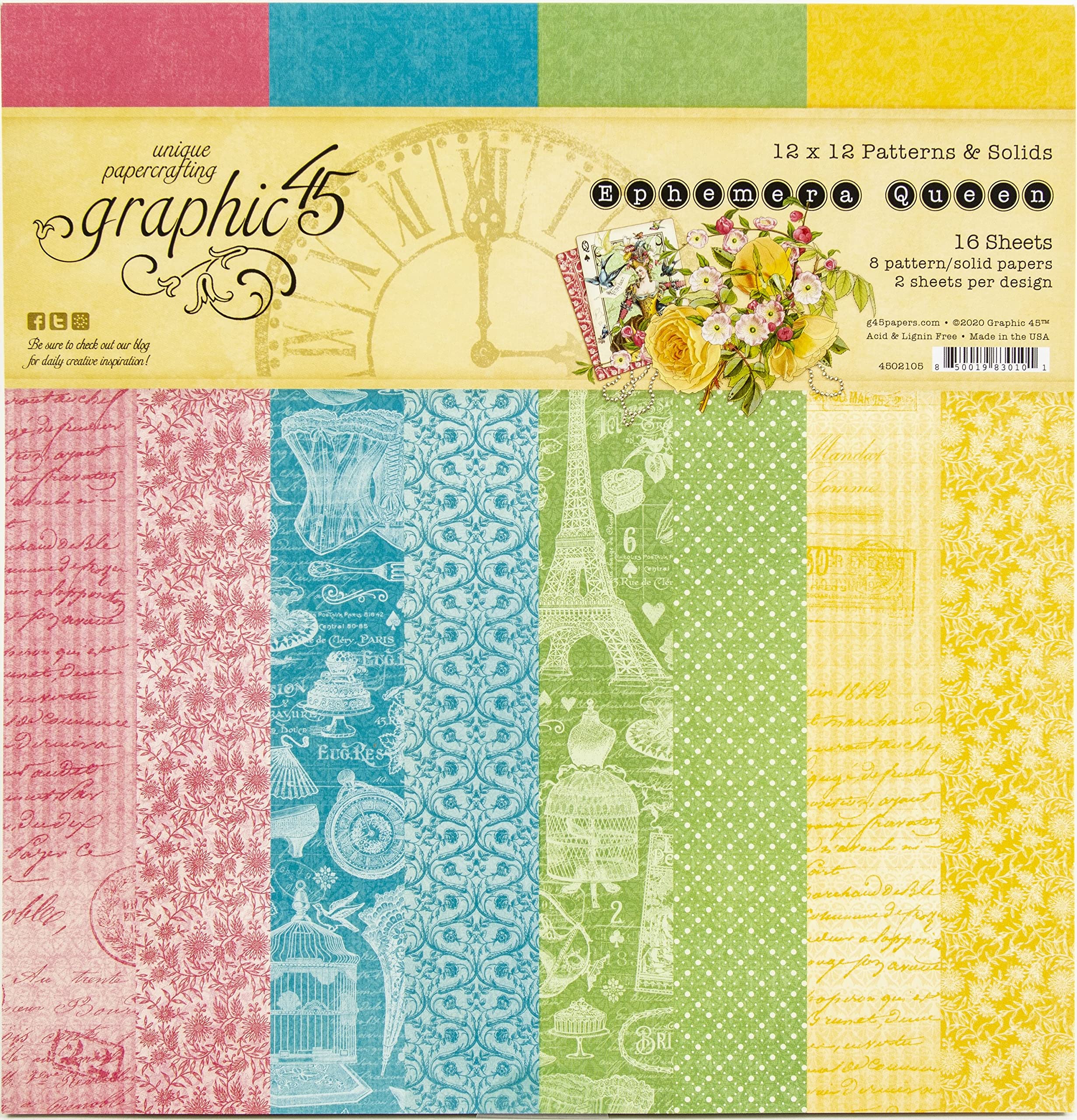 Graphic 45 GR4502105 Ephemera Queen Pad, Patterns and Solid, 12 inch x 12 inch, 16 Sheet