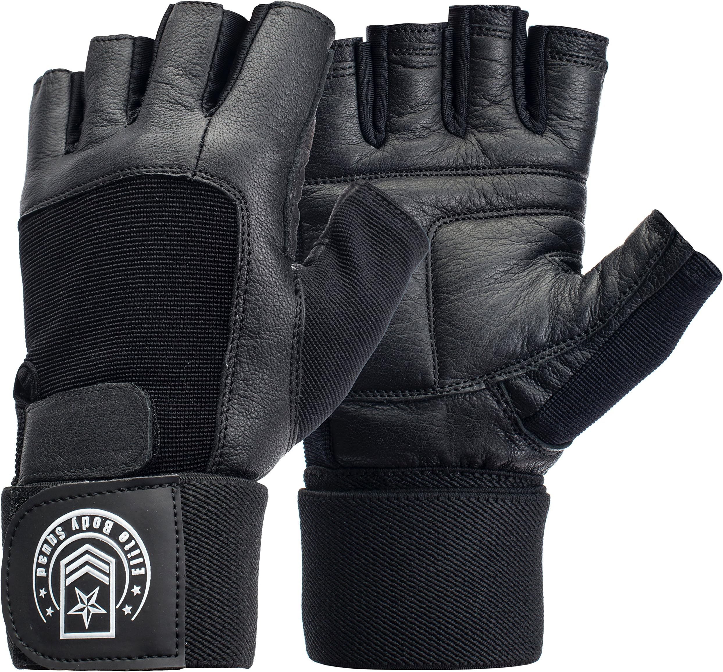 Elite Body Squad Weight Lifting Gloves - Soft Leather Gym Gloves With Wrist Support + Double Stitched Fingers And Palm - Breatheable Mesh Lycra On Back + Easy Open Finger Tab Size Adjuster