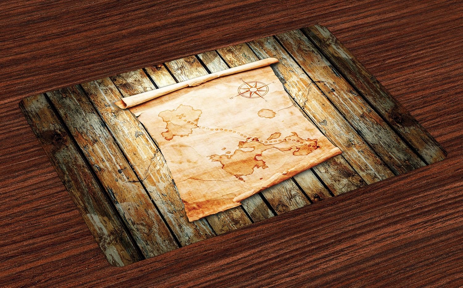 Ambesonne Island Map Place Mats Set of 4, Treasure Map on Rustic Timber X Marks The