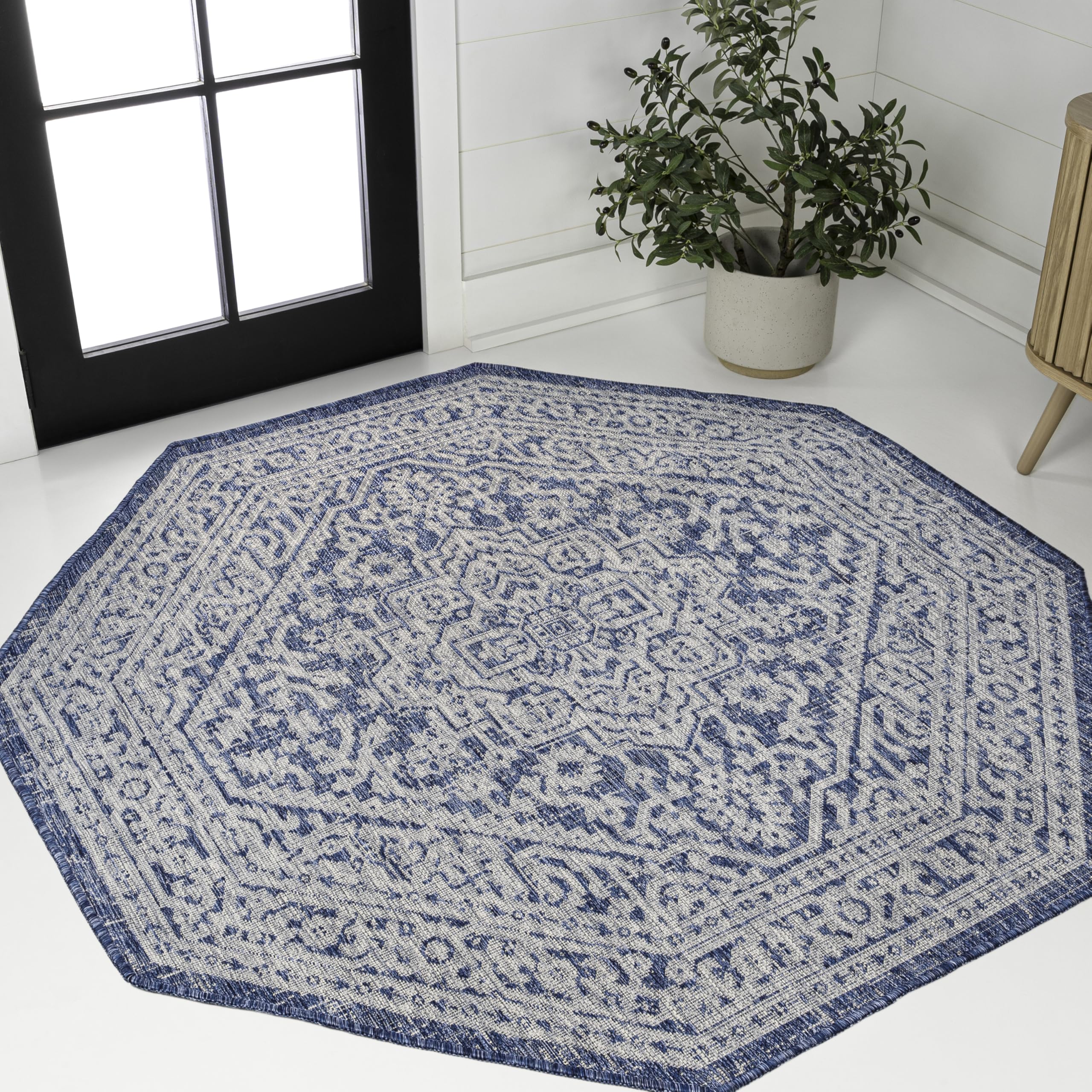 JONATHAN Y Medallion Weave Indoor Outdoor Octagon Area Rug 8 Ft Navy/Gray, Sinjuri Textured for Backyard, Patio, Porch, Easy-Cleaning, High Traffic, Pet-Friendly, Non-Shedding (SMB101B-8TGN) Image JONATHAN Y Medallion Weave Indoor Outdoor Octagon Area Rug 8 Ft Navy/Gray, Sinjuri Textured for Backyard, Patio, Porch, Easy-Cleaning, High Traffic, Pet-Friendly, Non-Shedding (SMB101B-8TGN) Image