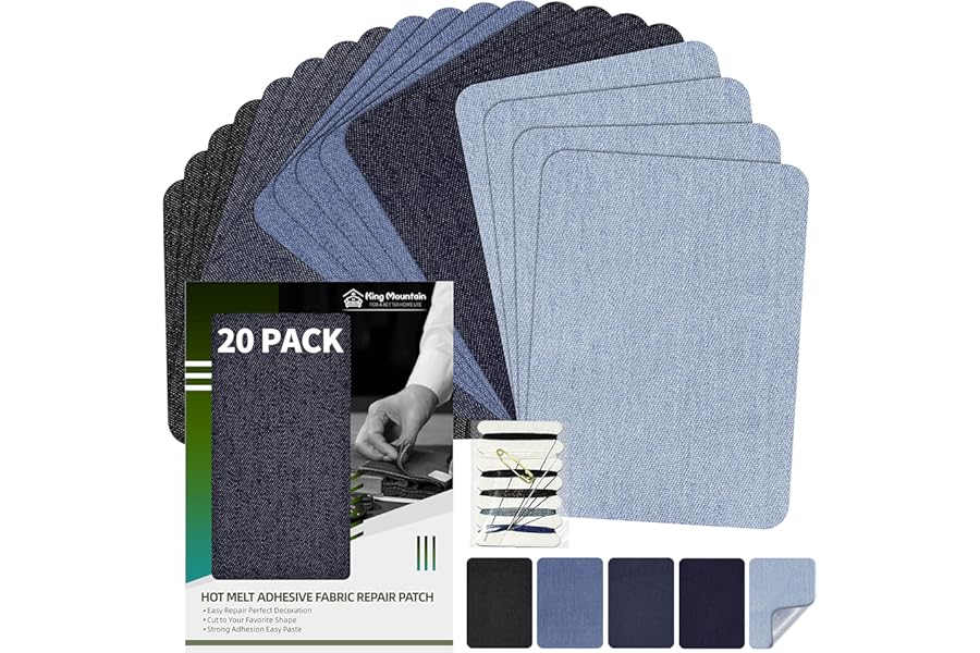 KING MOUNTAIN Iron-on Repair Patch 20 Pcs Pack,Denim Patches for Jeans Kit 3" by 4-1/4", 100% Cotton Denim Iron-on Repair Patch,Jeans and Clothing Repair and Decoration Kit (Five Color)