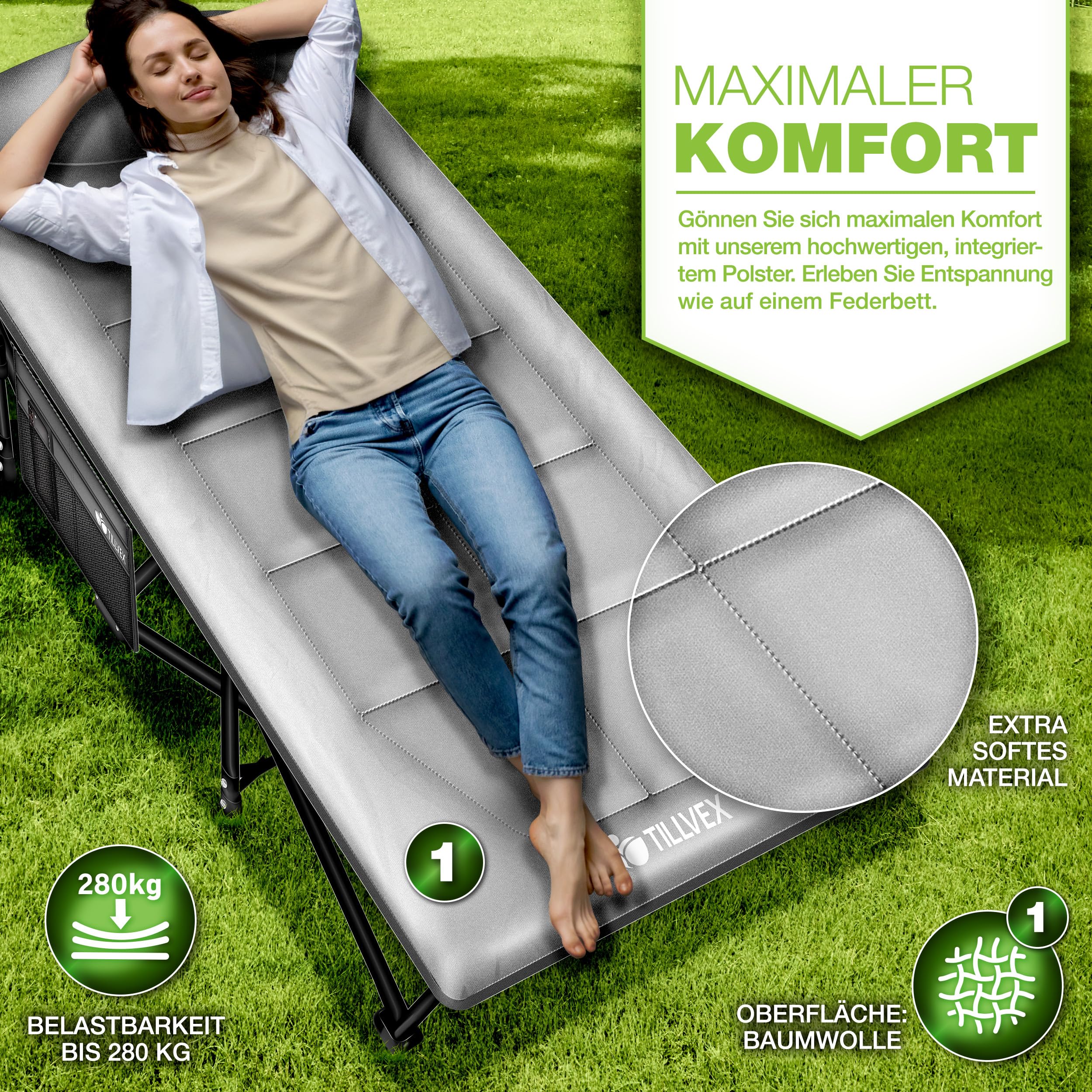 tillvex® Campingbett klappbar mit Tragetasche bis 200 kg | Campingliege extra breit | Feldbett Karpfenliege für Outdoor & Indoor | Klappbett Gästebett faltbar Garten Camping Angeln Festival Reise 3