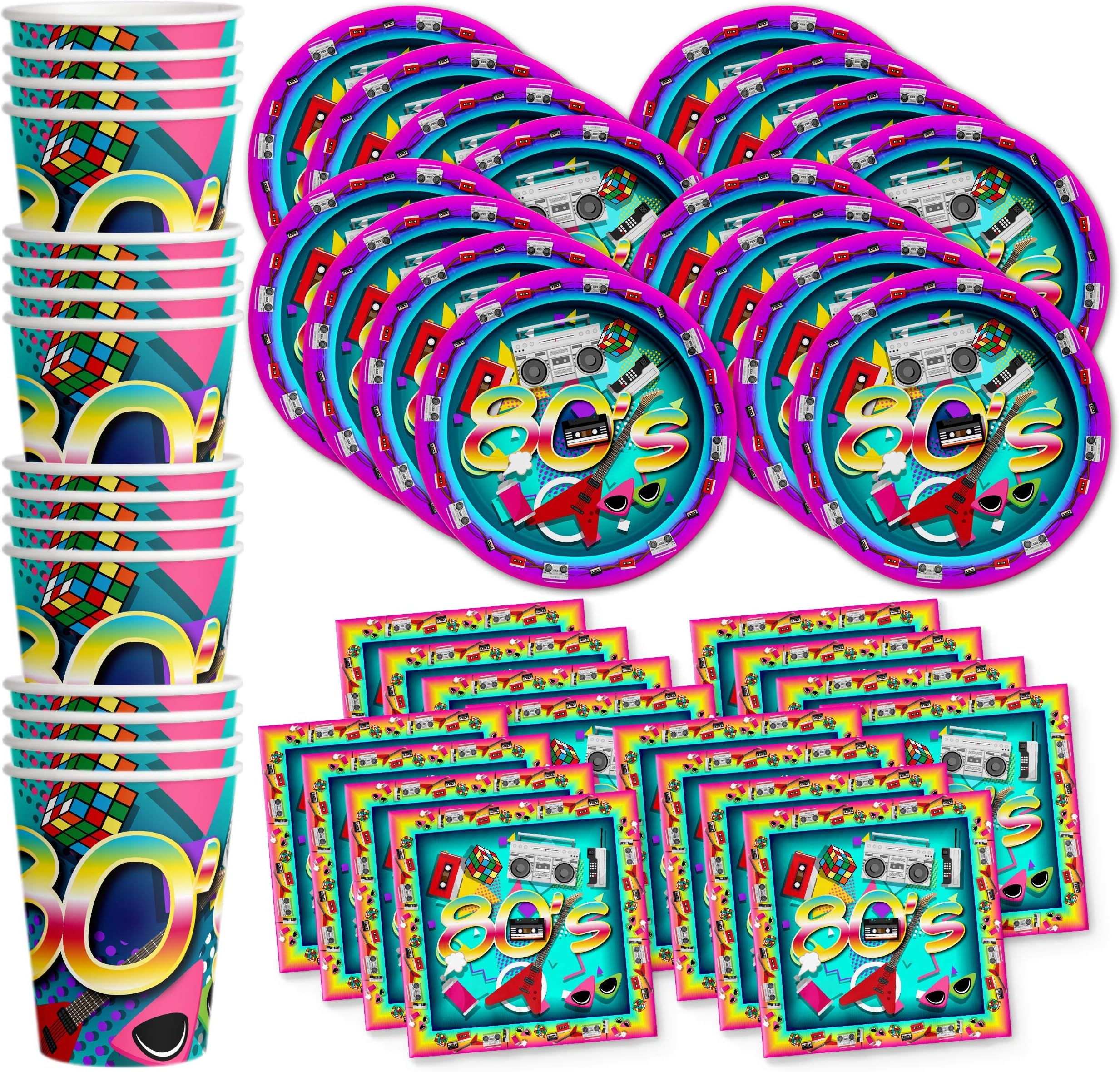 80's Totally Awesome Birthday Party Supplies Set Plates Napkins Cups Tableware Kit for 16