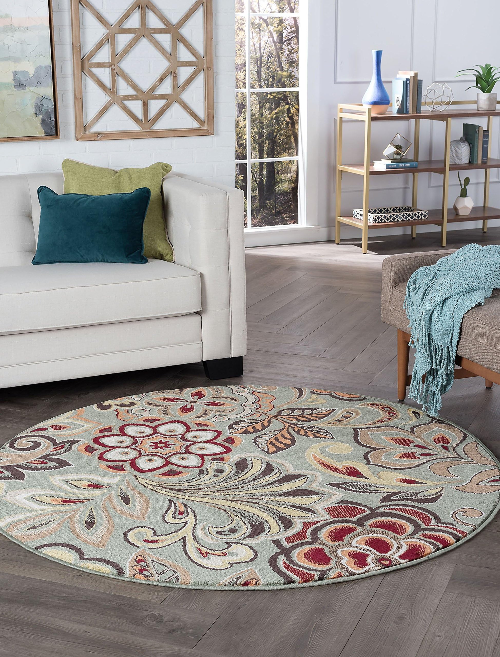 Universal Rugs Dilek Floral Transitional Round Accent Area Rug, Seafoam, 160 cm/6 ft