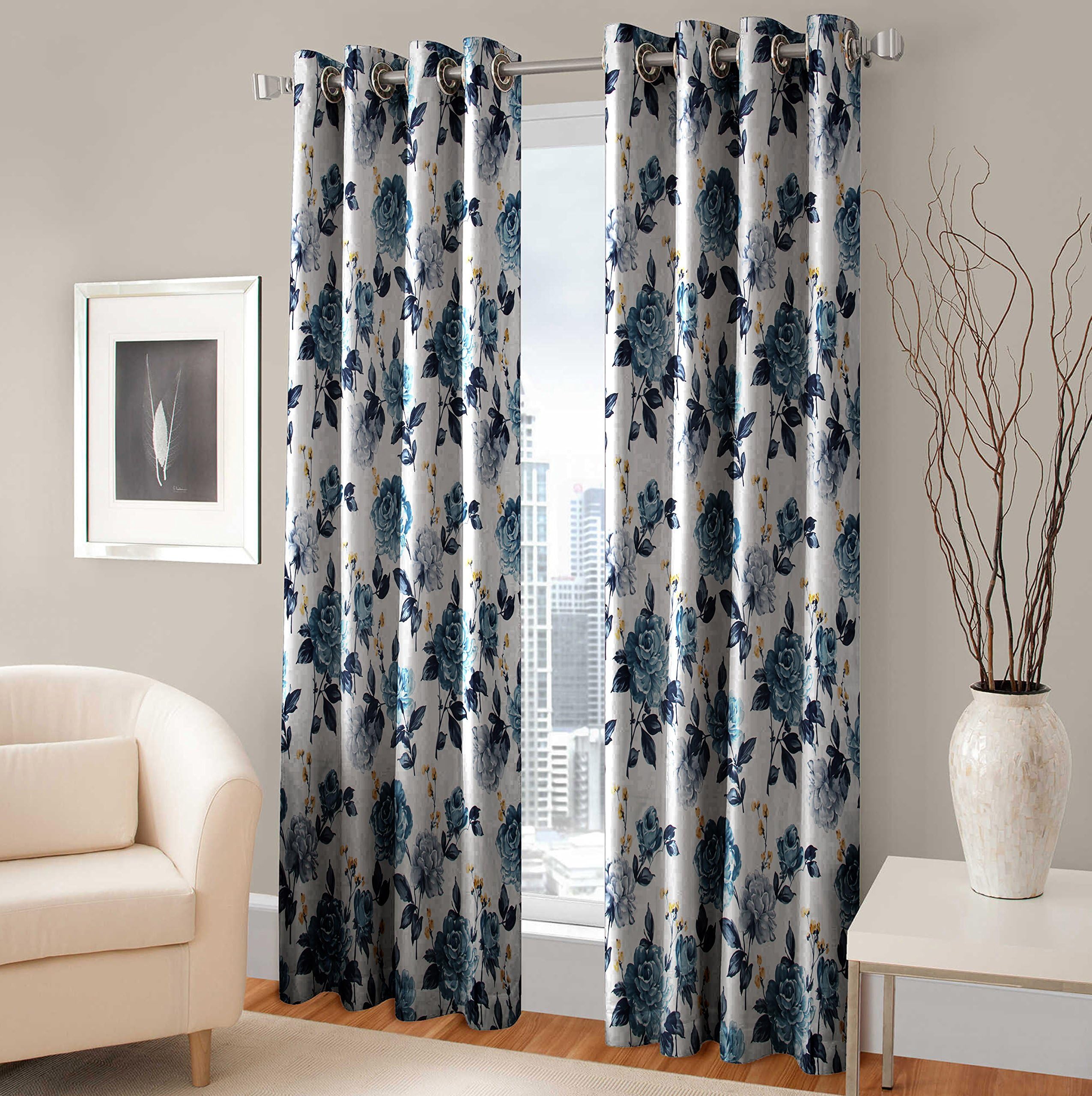 Amayra Home 2 Pc Polyester Luxury Digital Printed Eyelet Window Curtains (Window - 5 Feet, Navy)