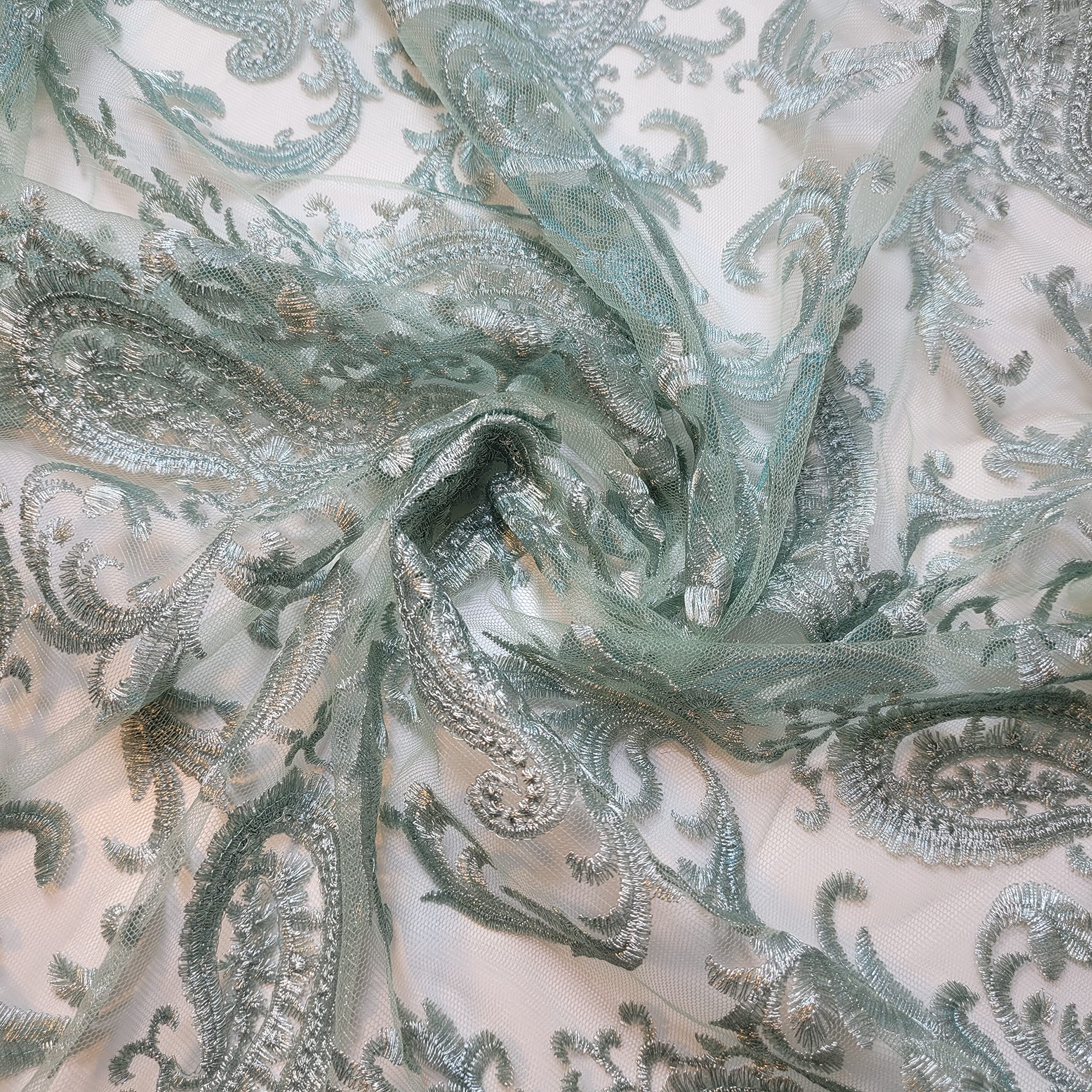 Paisley Gold Metallic Multi Thread Embroidery Net Dressmaking Fabric 58" - 150cm Wide Sold As 1 Meter Pre - Cut Lengths (Mint)