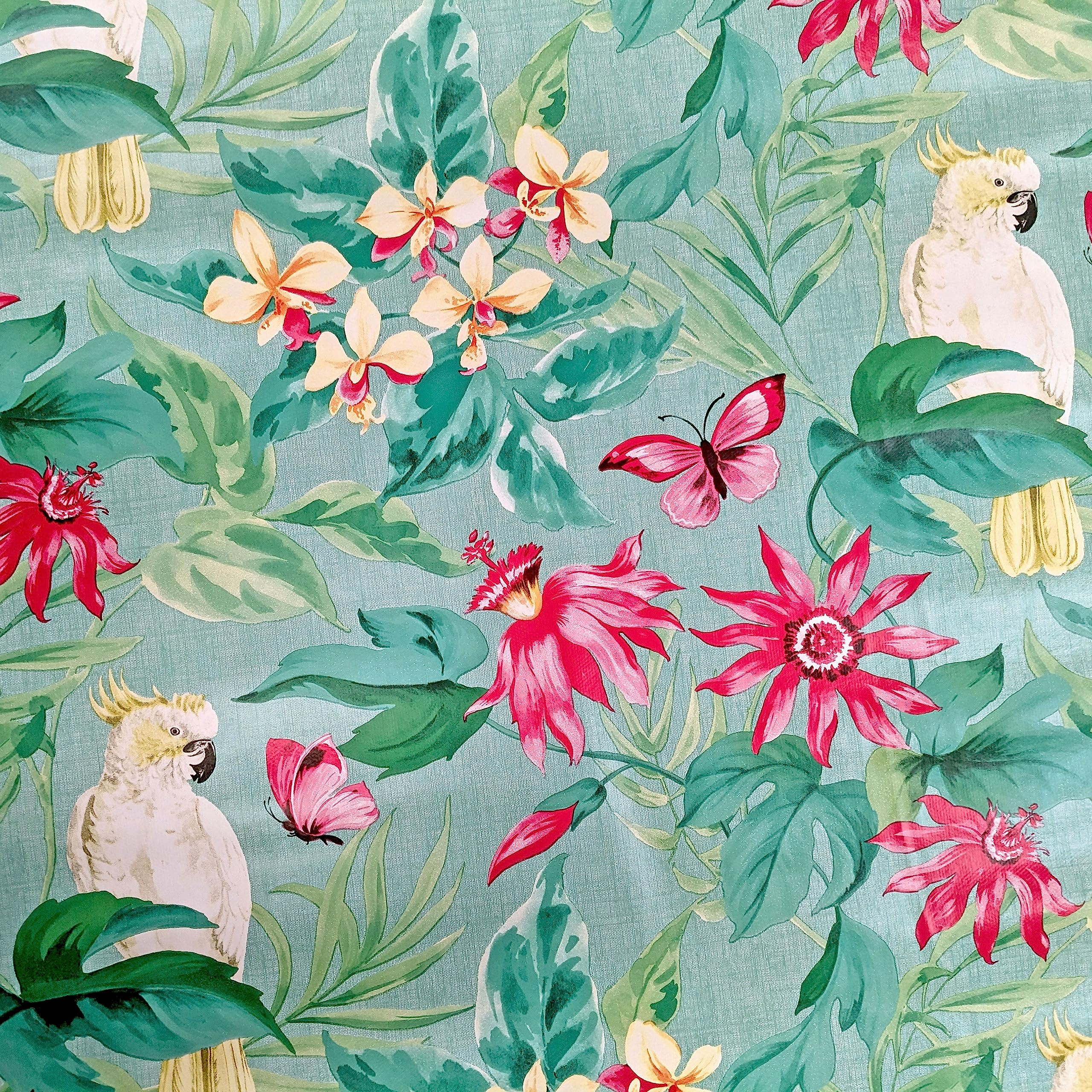 QPC Direct Polly Parrot Tropical Flowers TEAL PVC Oilcloth Table Cover Vinyl Tablecloth (200 x 140cm) — image 1
