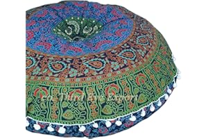 Third Eye Export Premium Handmade 100% Cotton Blue Mandala Round Floor Pillow Cover: Stylish Comfort - Versatile, Durable Floor Cushions Cover only ! (Blue-2, 32 Inches (81 Cms.))