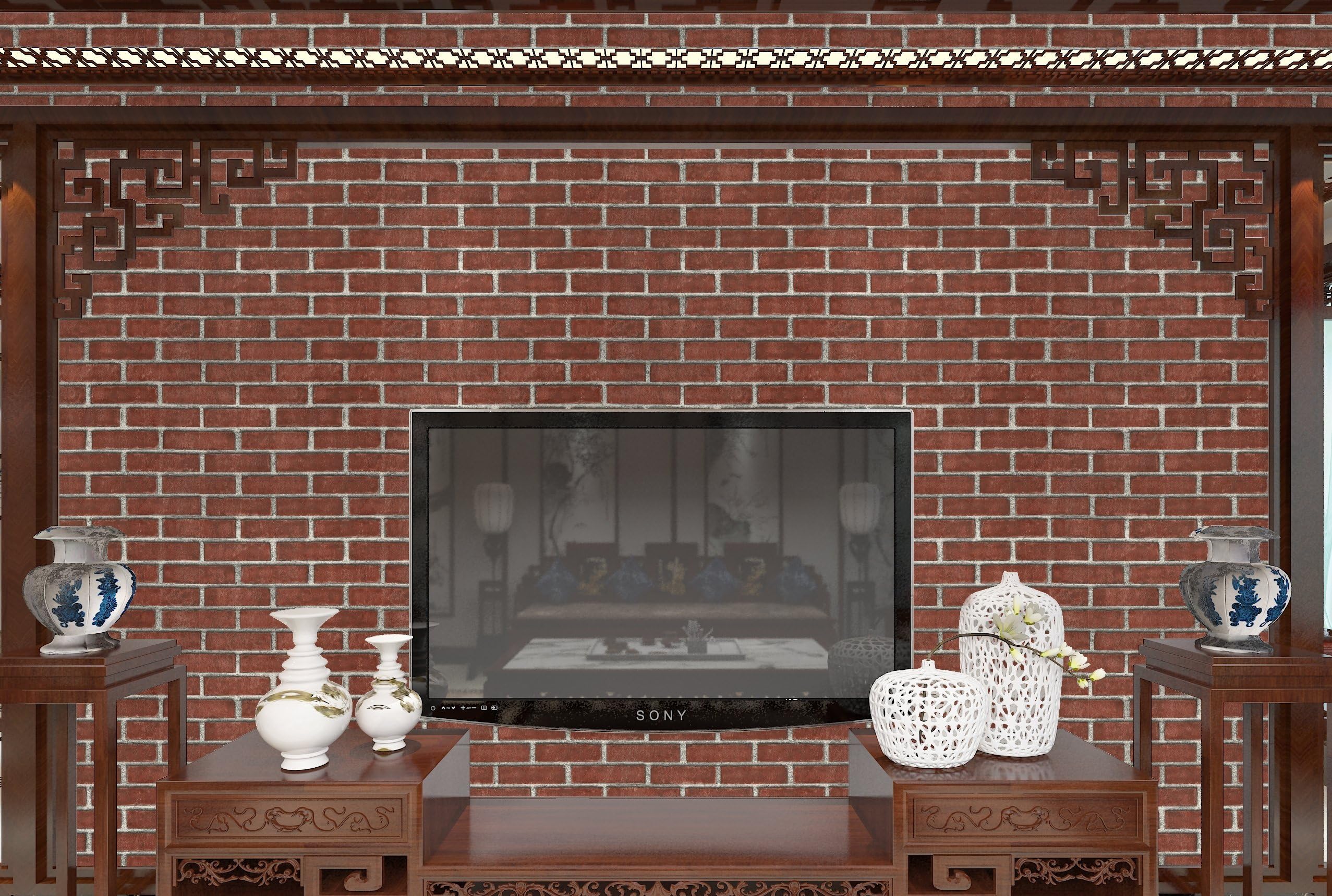 KONARK DESIGNER WALLPAPERS Vinyl Red Brick Embossed Design Wallpaper Pattern Looks Real Wall, 57 sqft/roll(Red)