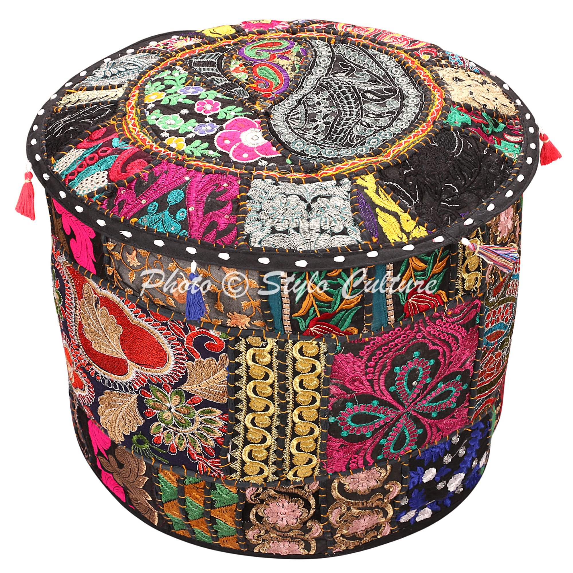 Stylo Culture Foot Stool And Pouffe Cover Ottoman Pouffe Seat Black Indian Embroidered Patchwork Cotton Traditional Round Fabric Pouf Ottoman Cover (16x16x13 Inch) 40cm (COVER ONLY)