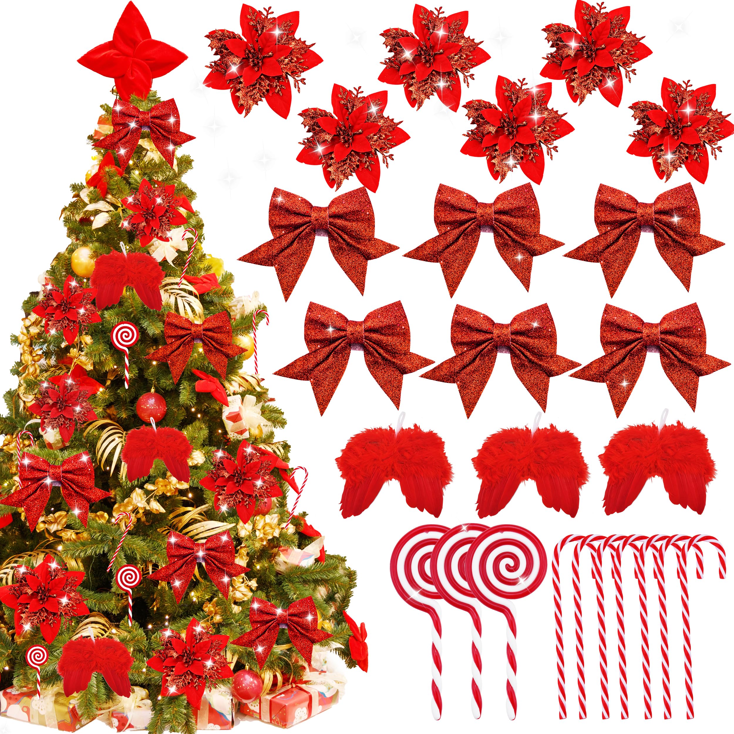 Abitoncc 24 PCS Red Christmas Tree Decorations, Red Artificial Poinsettia Flowers, Red Foam Bows, Red Feather Wings, Christmas Candy Canes Ornaments for Christmas Decorations Red