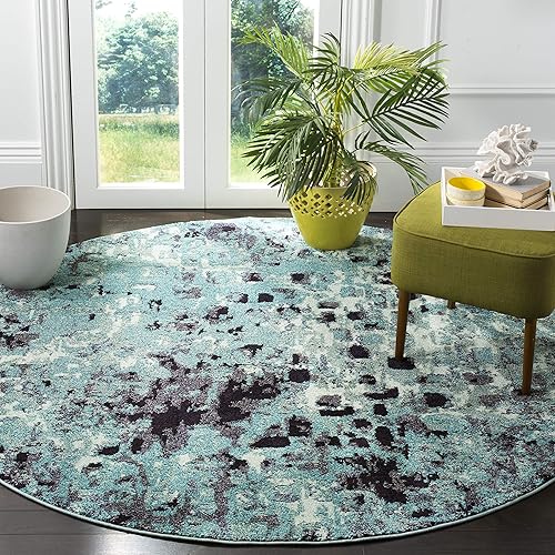 Safavieh Monaco Collection MNC225J Boho Chic Abstract Watercolor Non-Shedding Stain Resistant Living Room Bedroom Area Rug, 6'7" x 6'7" Round, Light Blue / Multi