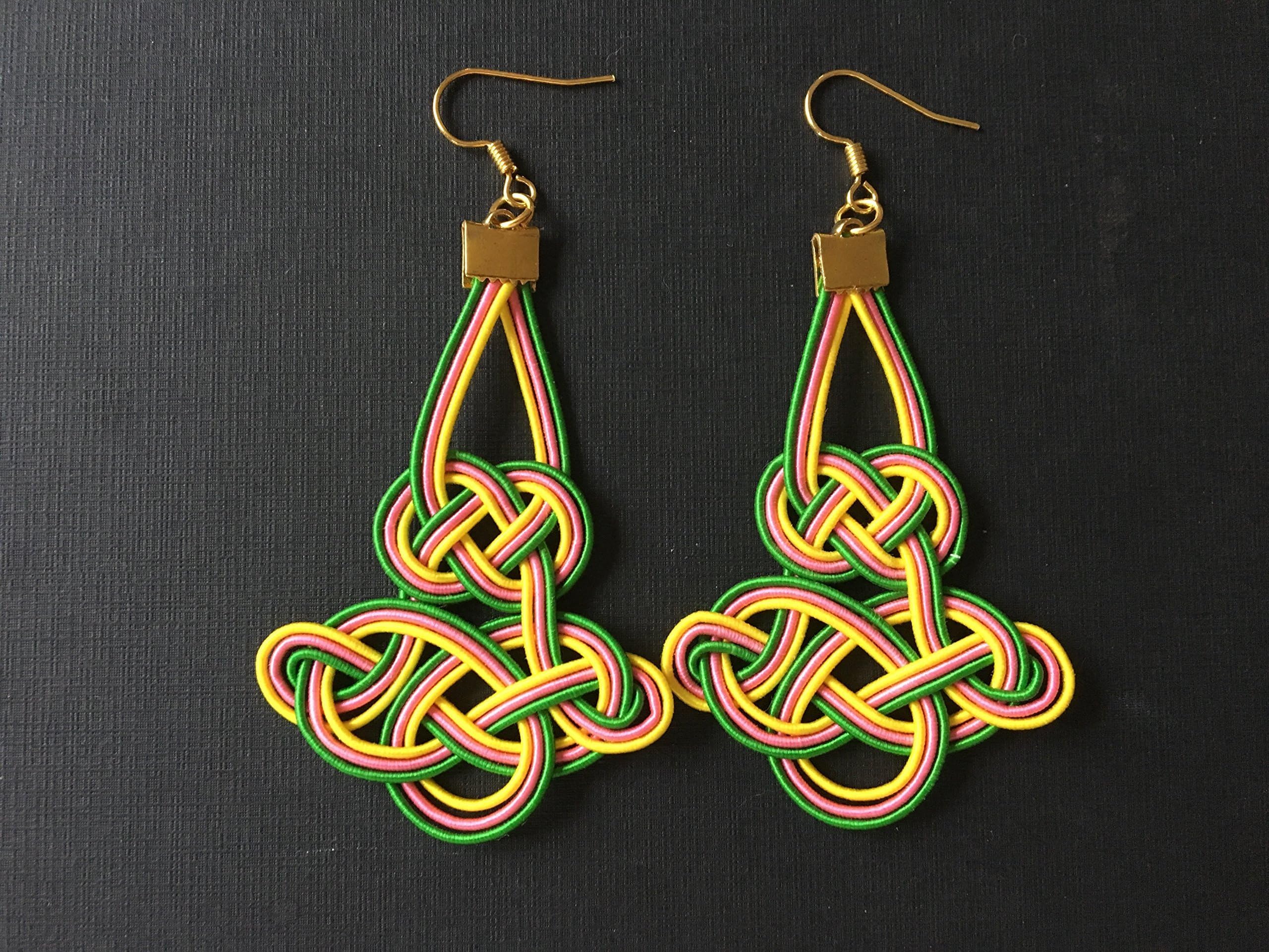 earrings - paper ropes knotted - double loop knot - yellow and green