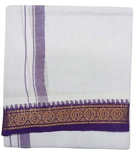 com 100% pure Handloom Cotton White Lungie With voilet Zari Border -2meters