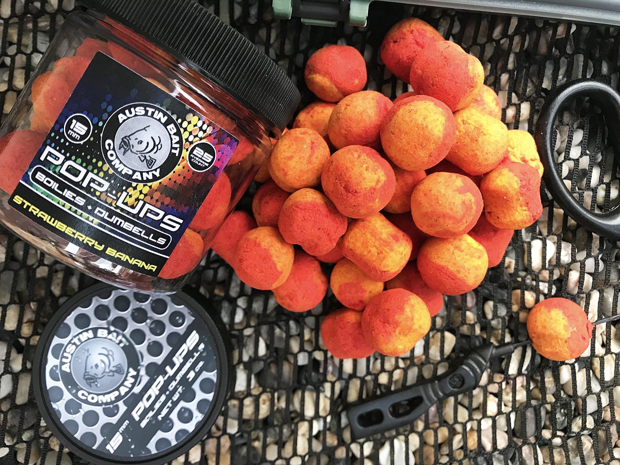 Austin Bait Company 3oz (~25/tub) 15mm Strawberry Banana Pop-Up Boilies & Dumbells | Hard Dough Carp Bait & Catfish Bait