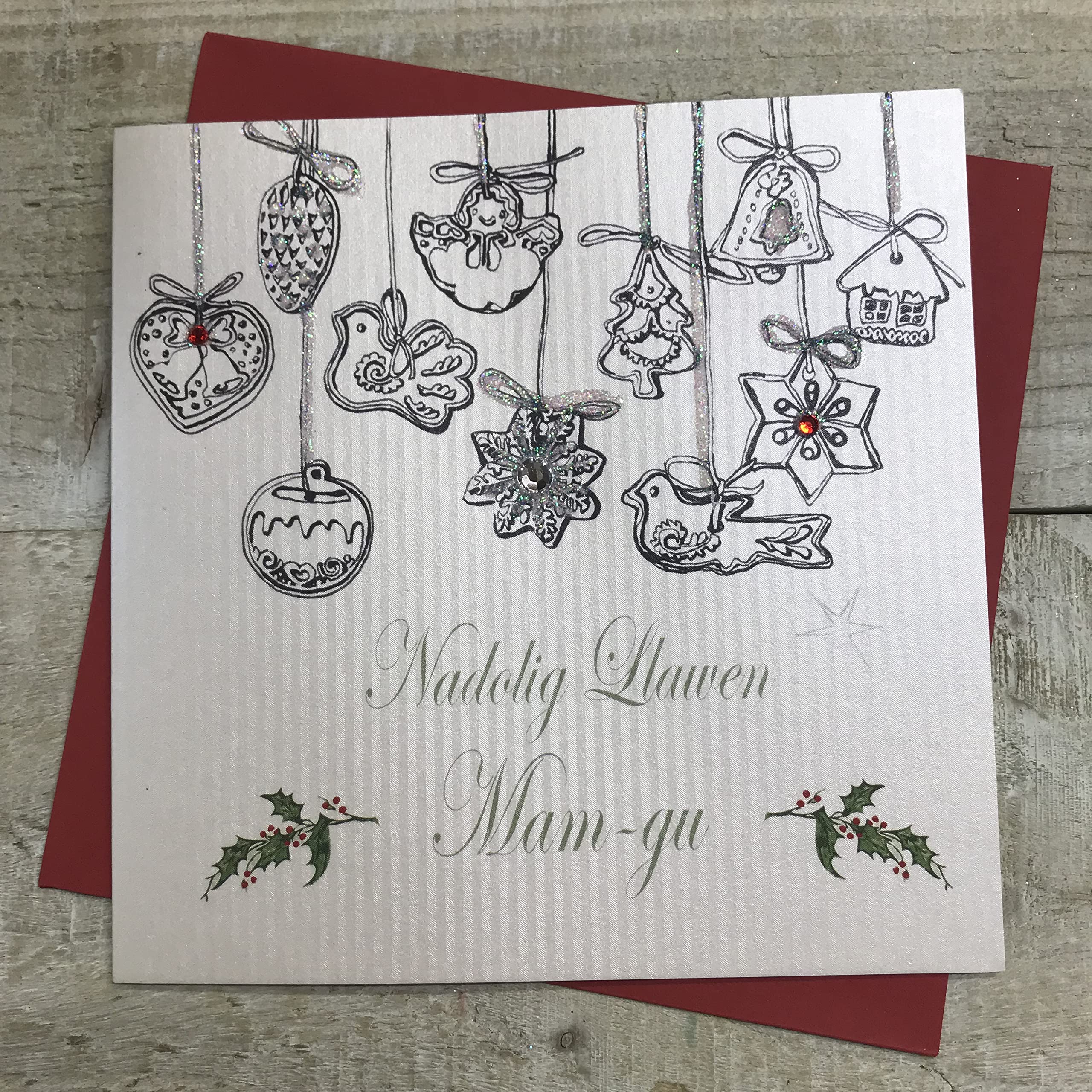 WHITE COTTON CARDS Nagolig Llawen Mam-gu, Handmade Welsh Christmas Card (Code EX76-MG)