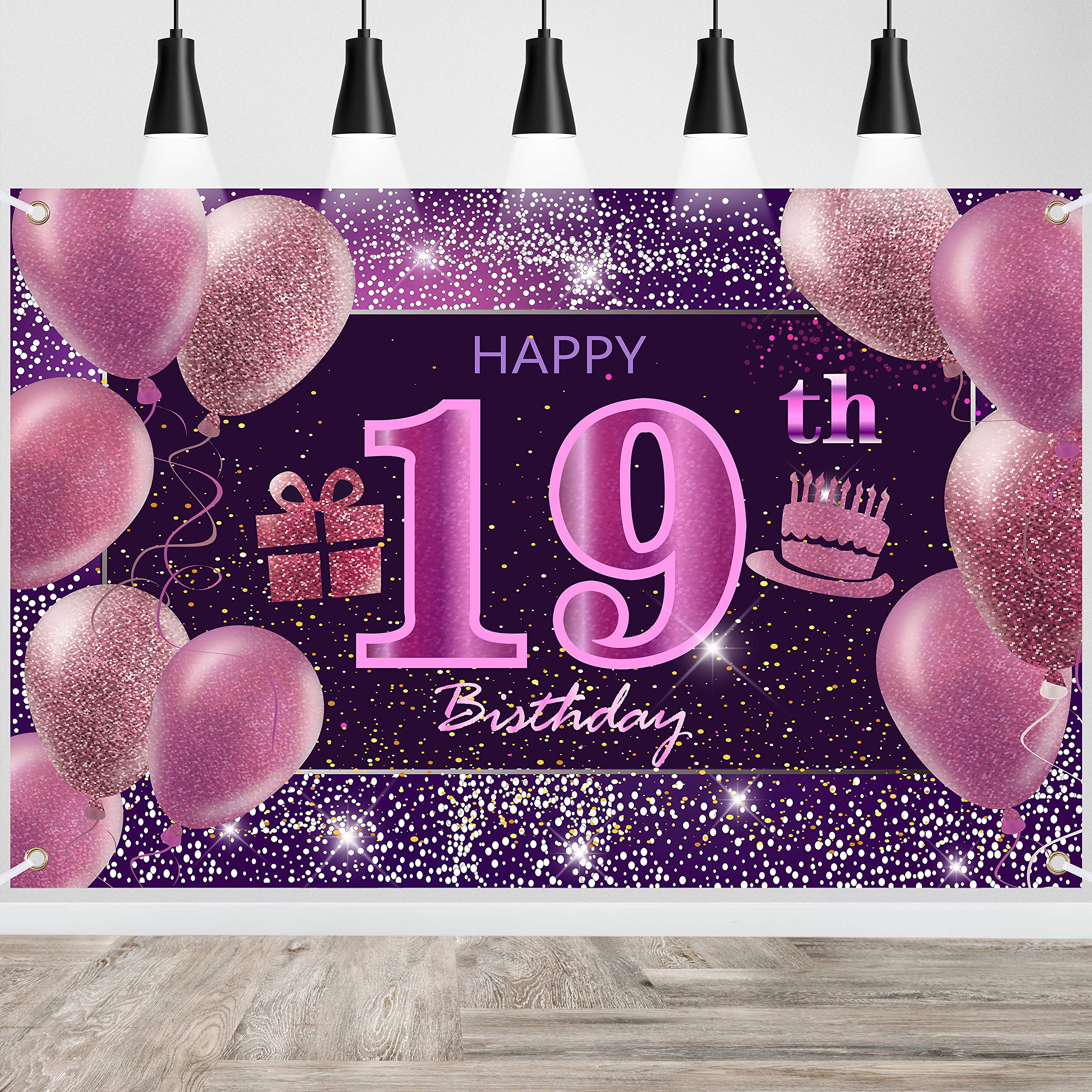 IMISI 19th Birthday Decorations - Happy Banner, Pink Backdrop for Party