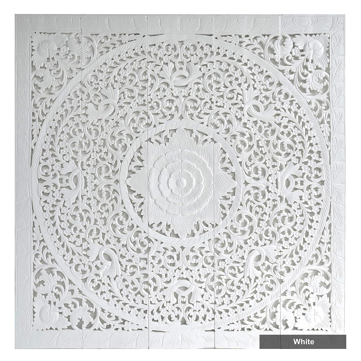 Hand Carved Flower Wood Carving Queen Size Bed Headboard