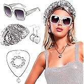LaVenty Disco Ball Hat Disco Ball Headbands Silver Beret Hat Glasses Disco Ball Earring Necklace 1970s Vintage Disco Ball Headpieces Party Costume