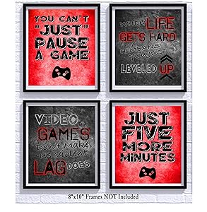 Video Game Themed Art Print Room Wall Decoration (Set or Four) Gamer (Red)