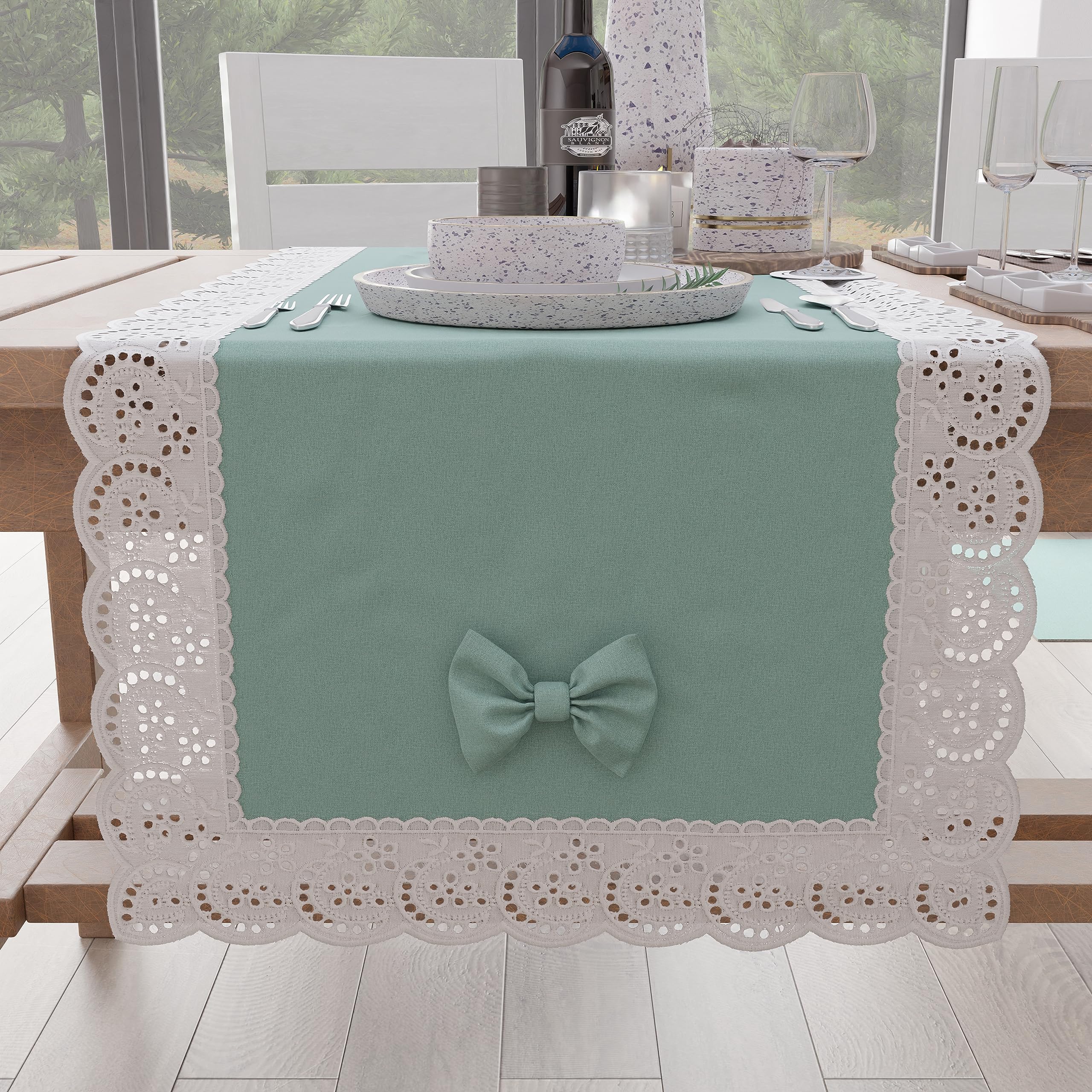 PETTI Artigiani Italiani - Elegant Cotton Table Runner, for Kitchen Table, Living Room, Dining Room, Plain Tablecloths with Lace Frill and Bows 40 x 140 cm, Aqua