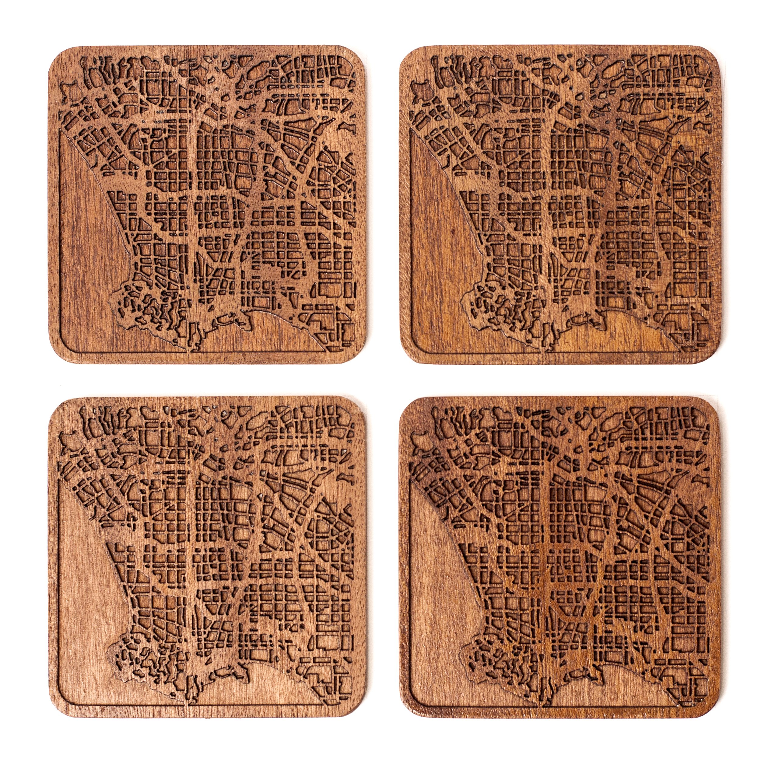 Los Angeles Map Coaster, Set of 4, Sapele Wooden Coaster with City Map, Handmade