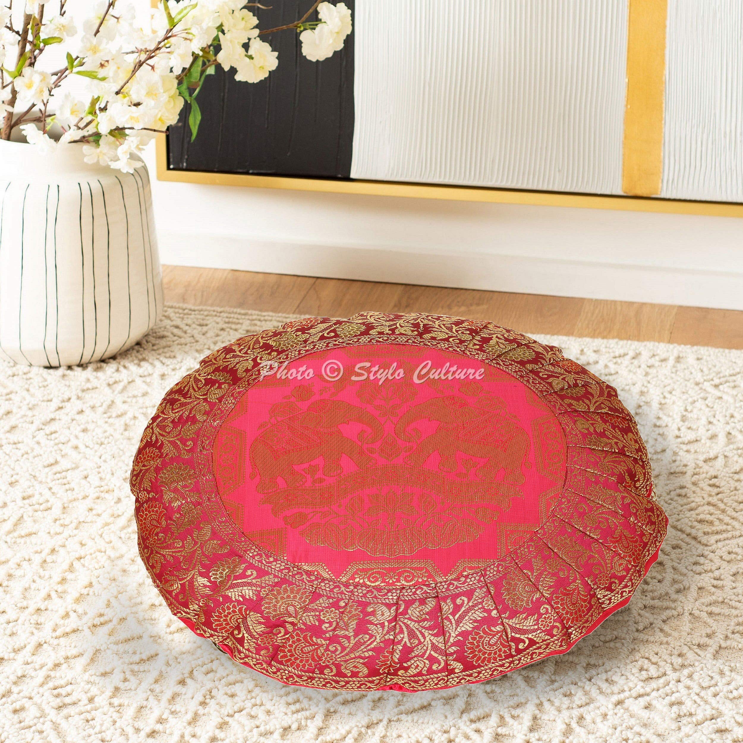 Stylo Culture Indian Bohemian Round Floor Pillow Scatter Cushion Cover Pink 43x43 cm Jacquard Weave Pleated Round Small 17 Inch Home Decor Brocade Elephant Chair Seating Cover