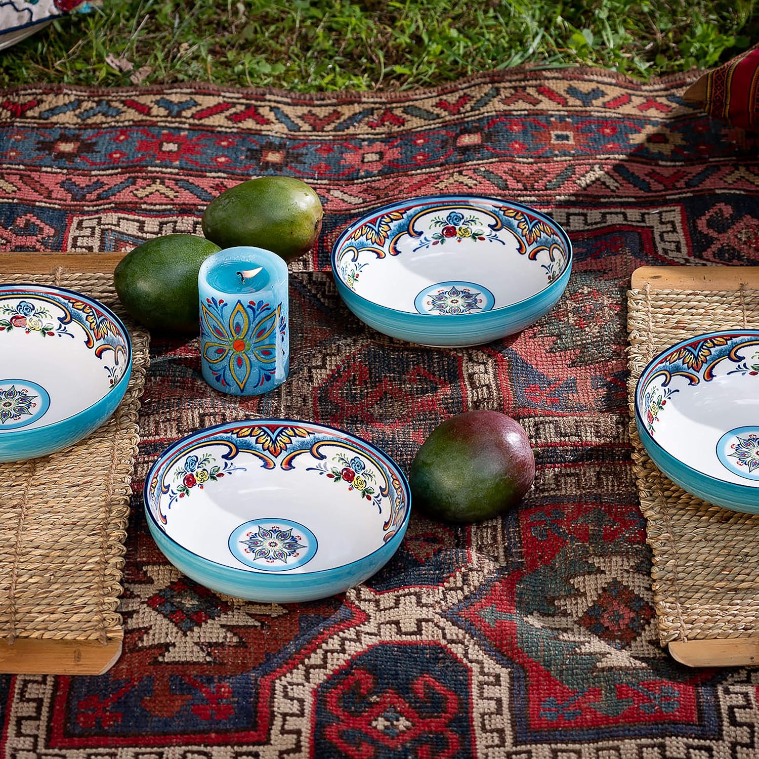 Euro Ceramica Zanzibar Collection Pasta Bowls, Set of 4, Spanish Floral Design, Multicolor Blue: Kitchen & Dining