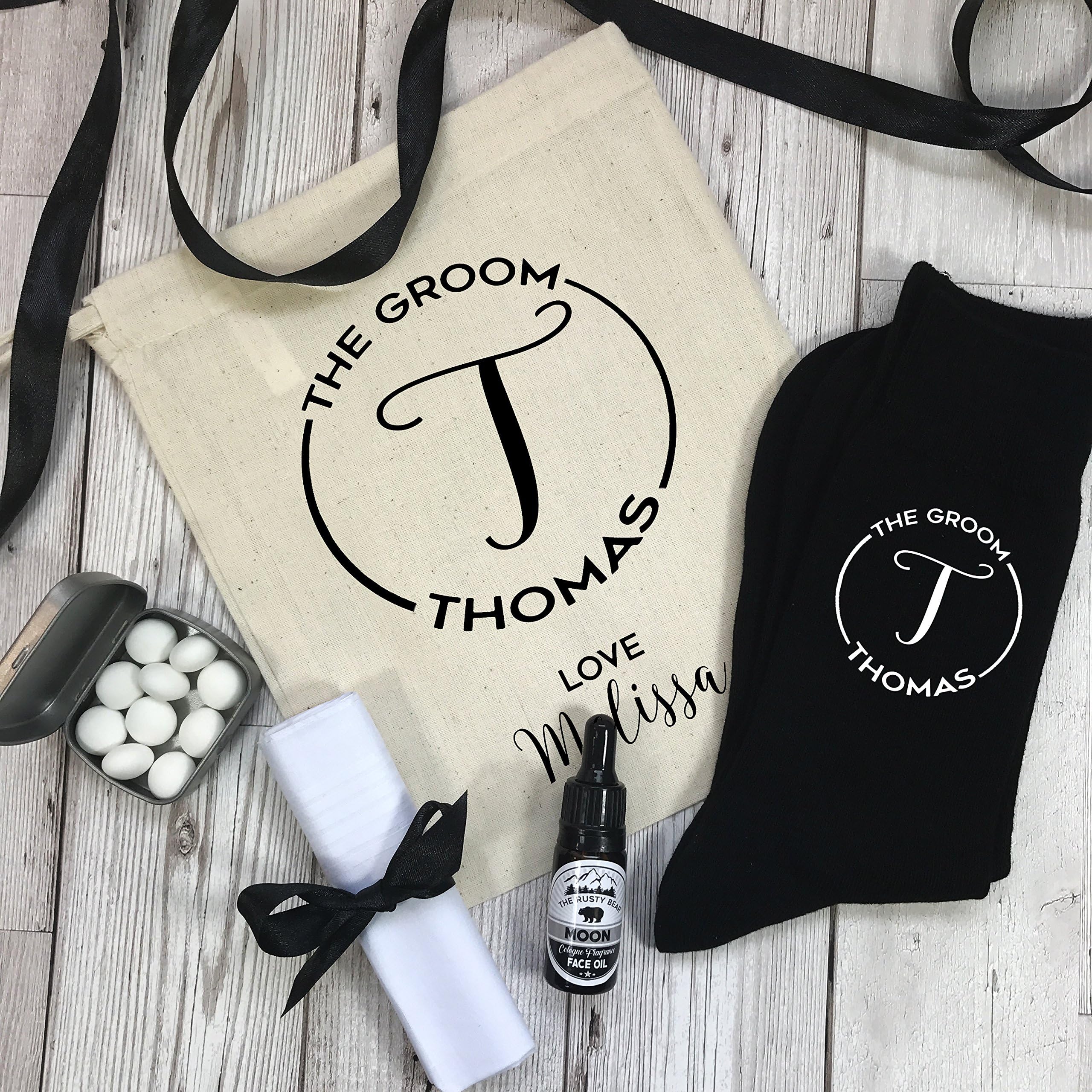 Personalised Monogram Groom Wedding Gift Set Socks, Mints, Face Oil, Handkerchief with Gift bag