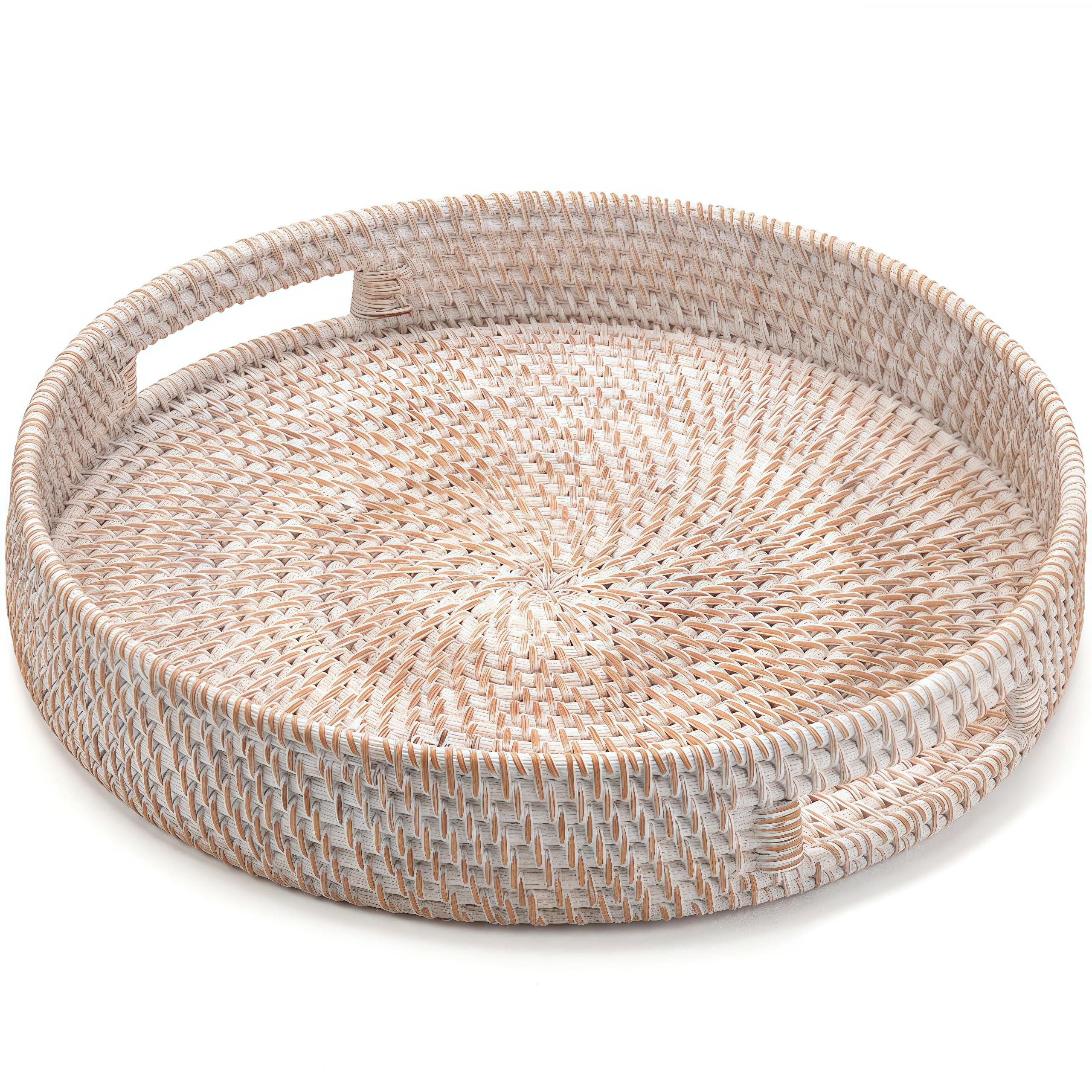 Photo 1 of 14" Round Rattan Tray, Hand Woven Serving Tray with Handles, Wicker Serving Basket, Decorative Tray for Home Decor, Whitewash
