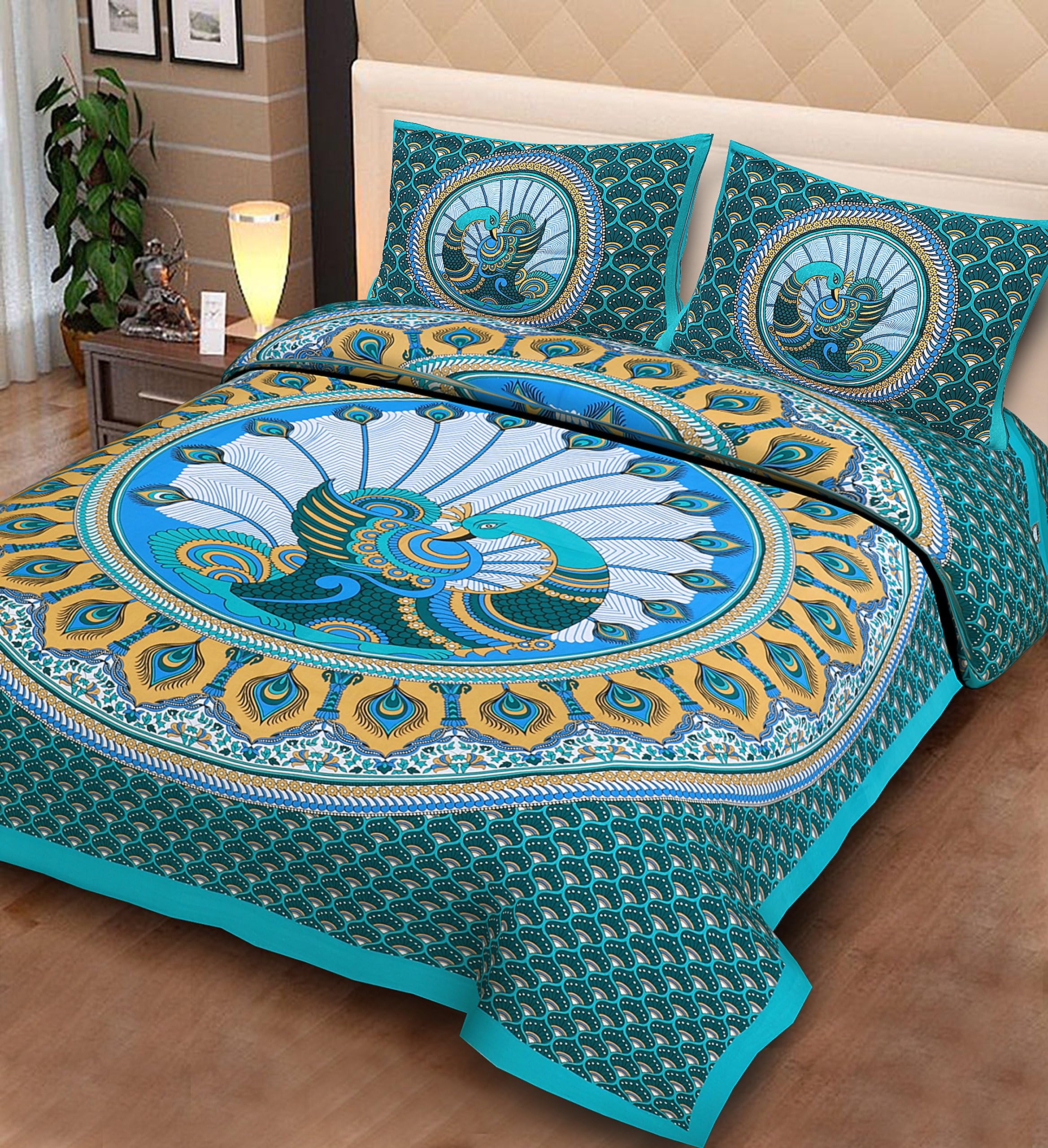 Fecom Cotton Rajasthani Jaipuri Traditional Sanganeri Peacock Design King Size Double Bed Cover with Pillow Covers (Green)