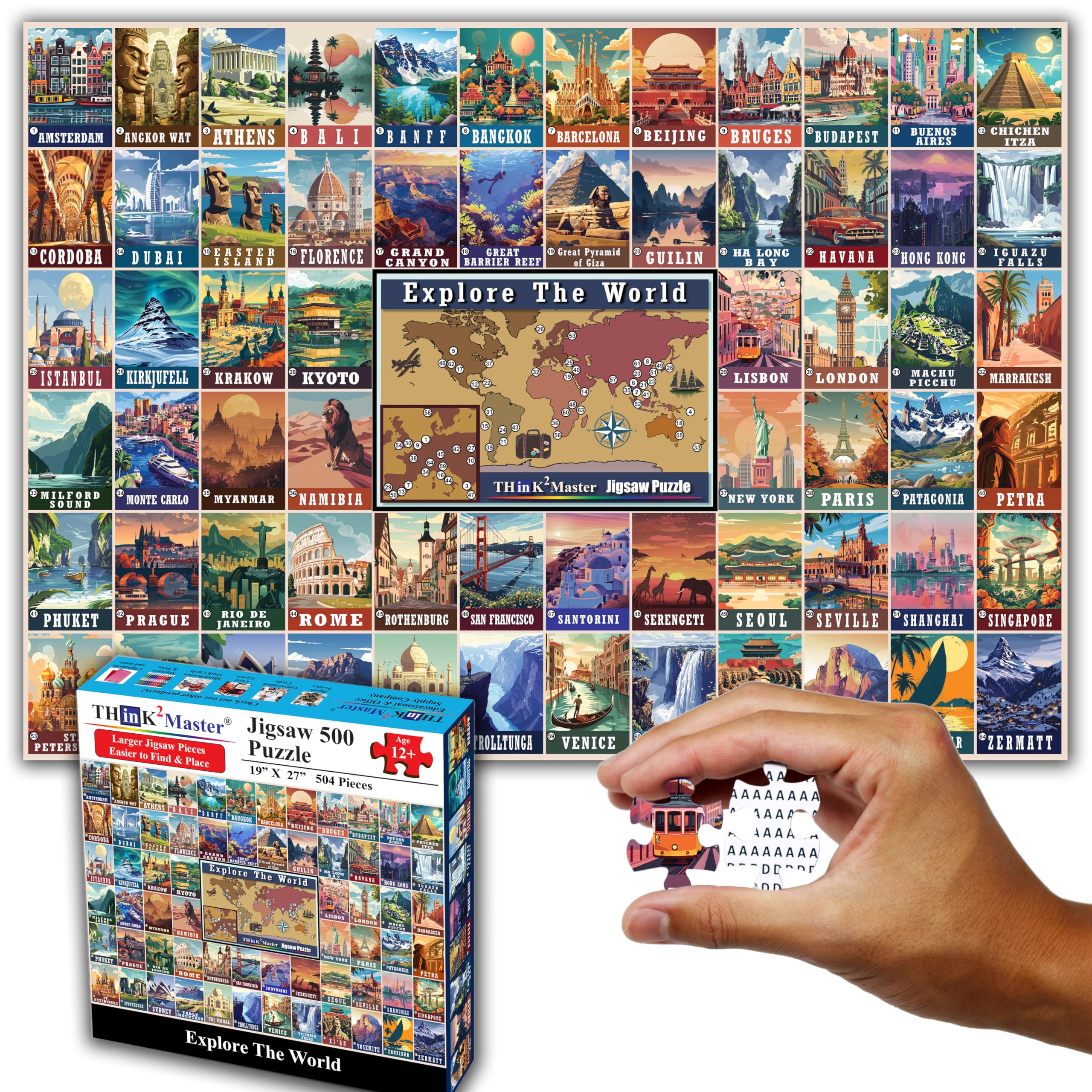 Photo 1 of Think2Master Colorful Vintage World Travel Poster 500 pieces Large Format Jigsaw Puzzle for kids 12+, teens, adults & families. Great gift for people intent in traveling the World. Size: 26.8” X 18.9”