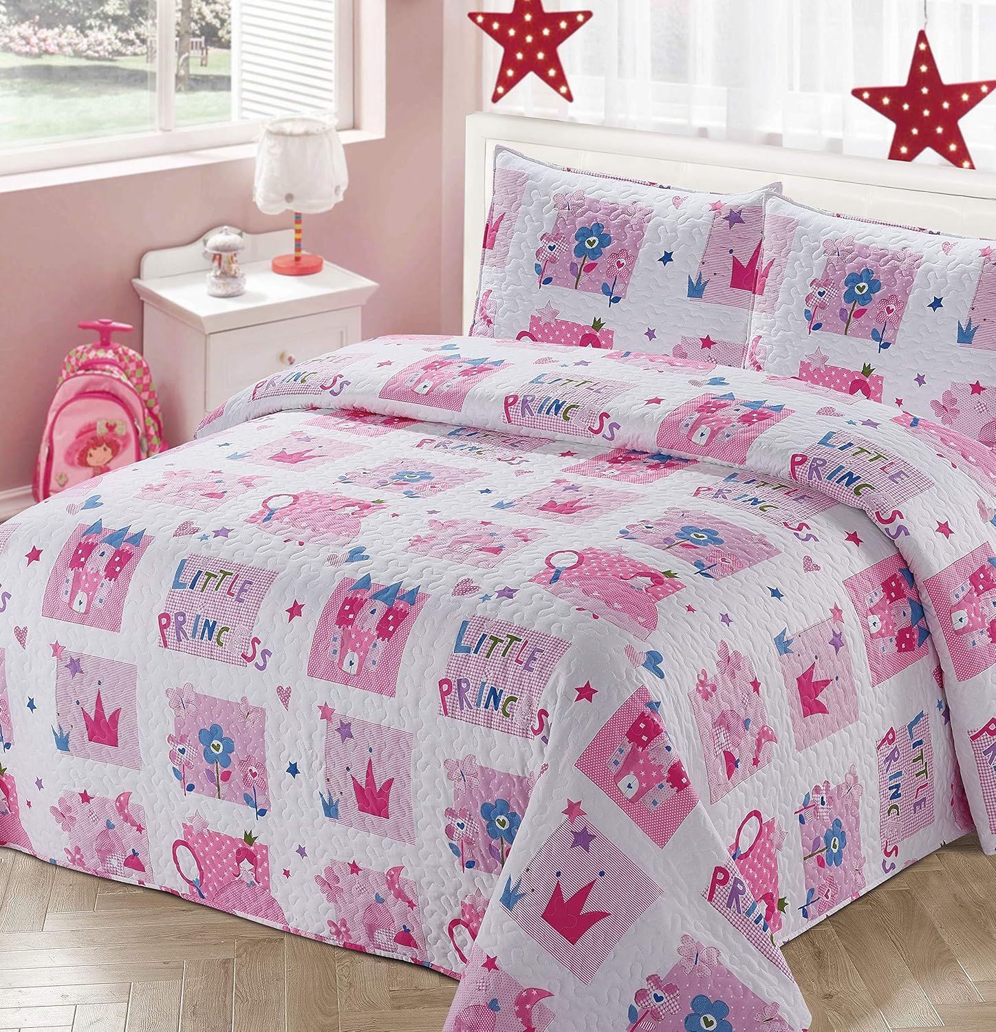 Kids Zone Home Linen 2pc Twin Bedspread Coverlet Quilt Set for Girls Princess Castle Crown Flowers Pink Blue White
