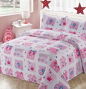 Kids Zone Home Linen 2pc Twin Bedspread Coverlet Quilt Set for Girls Princess Castle Crown Flowers Pink Blue White