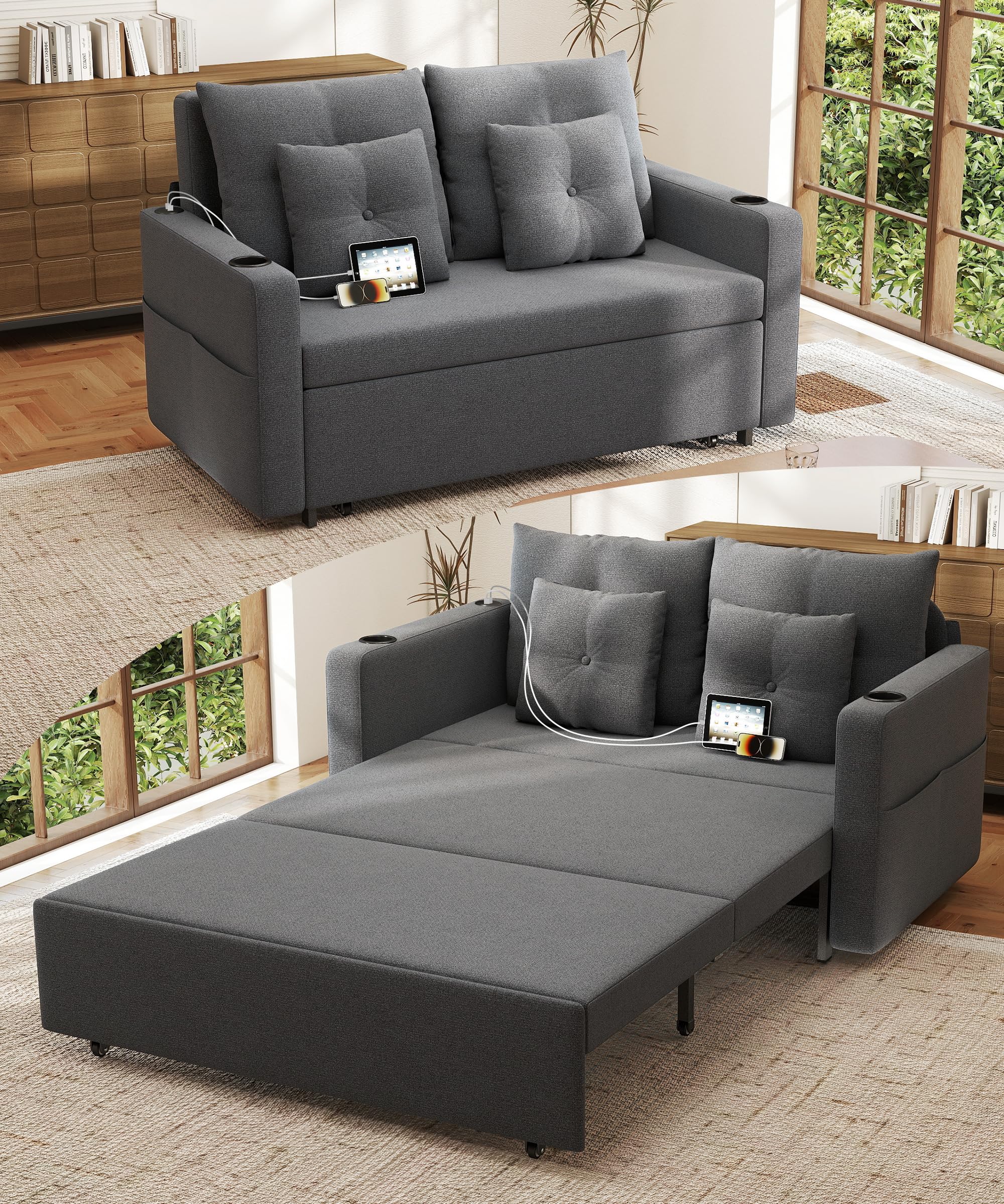 Photo 1 of Krcix 3 in 1 Pull Out Couch, 56 Inch Convertible Sleeper Sofa Bed, Loveseat Sofa with Cup Holders, USB, Sofa Couches for Living Room, Bedroom, Apartment, Grey