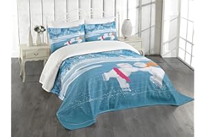 Lunarable Cartoon Bedspread, Little Polar Bears Skating on Frozen Lake Love Partners Christmas Theme, Decorative Quilted 3 Piece Coverlet Set with 2 Pillow Shams, Queen Size, White and Blue
