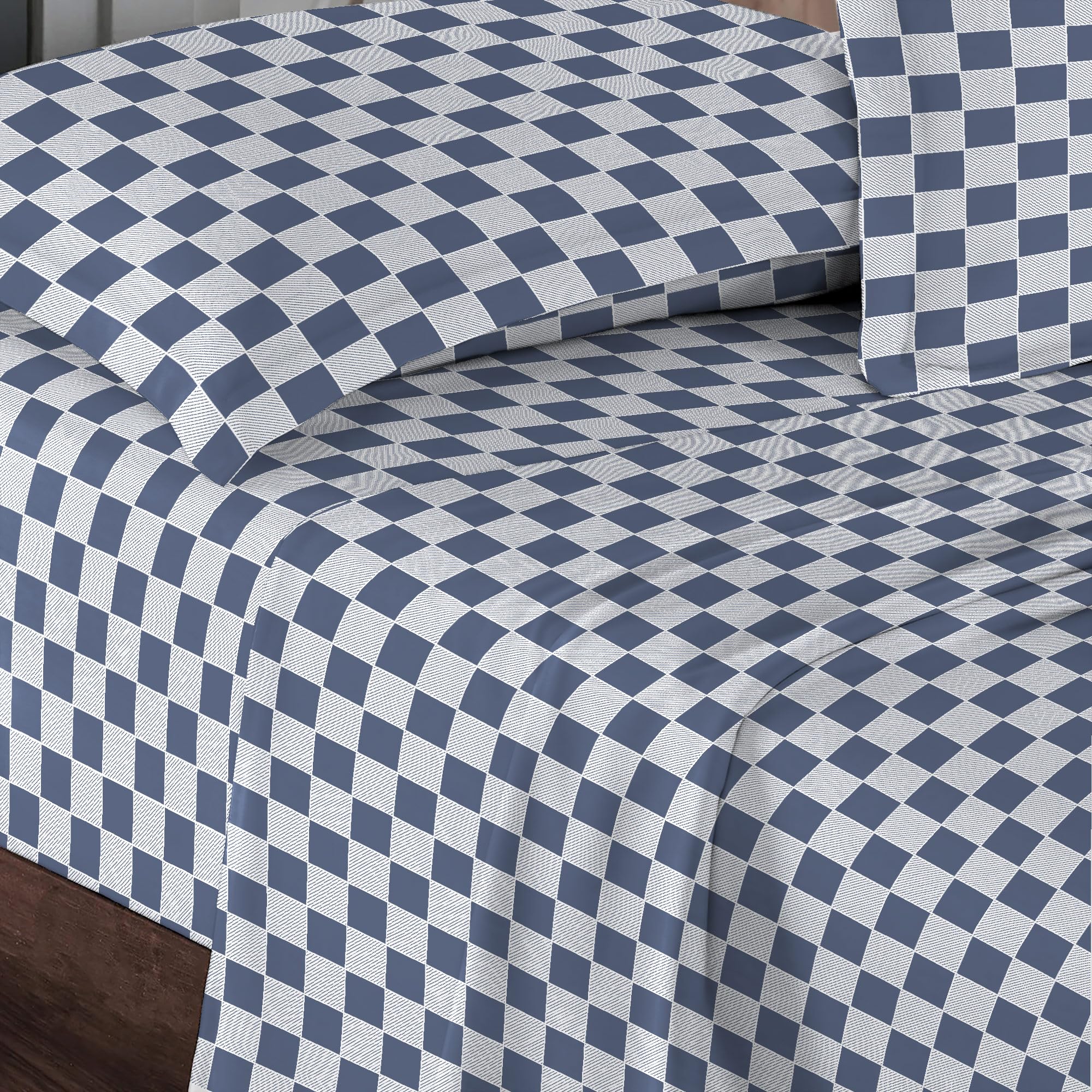 Pizuna Cotton Smart Checks Navy Printed Bedding Sets Super King, 400 thread Count 100% Long Staple Cotton Sateen Bed Sheets Includes 1 Fitted Sheet, 1 Flat Sheet, 2 Pillowcases (Printed Bed Sheets) — image 1