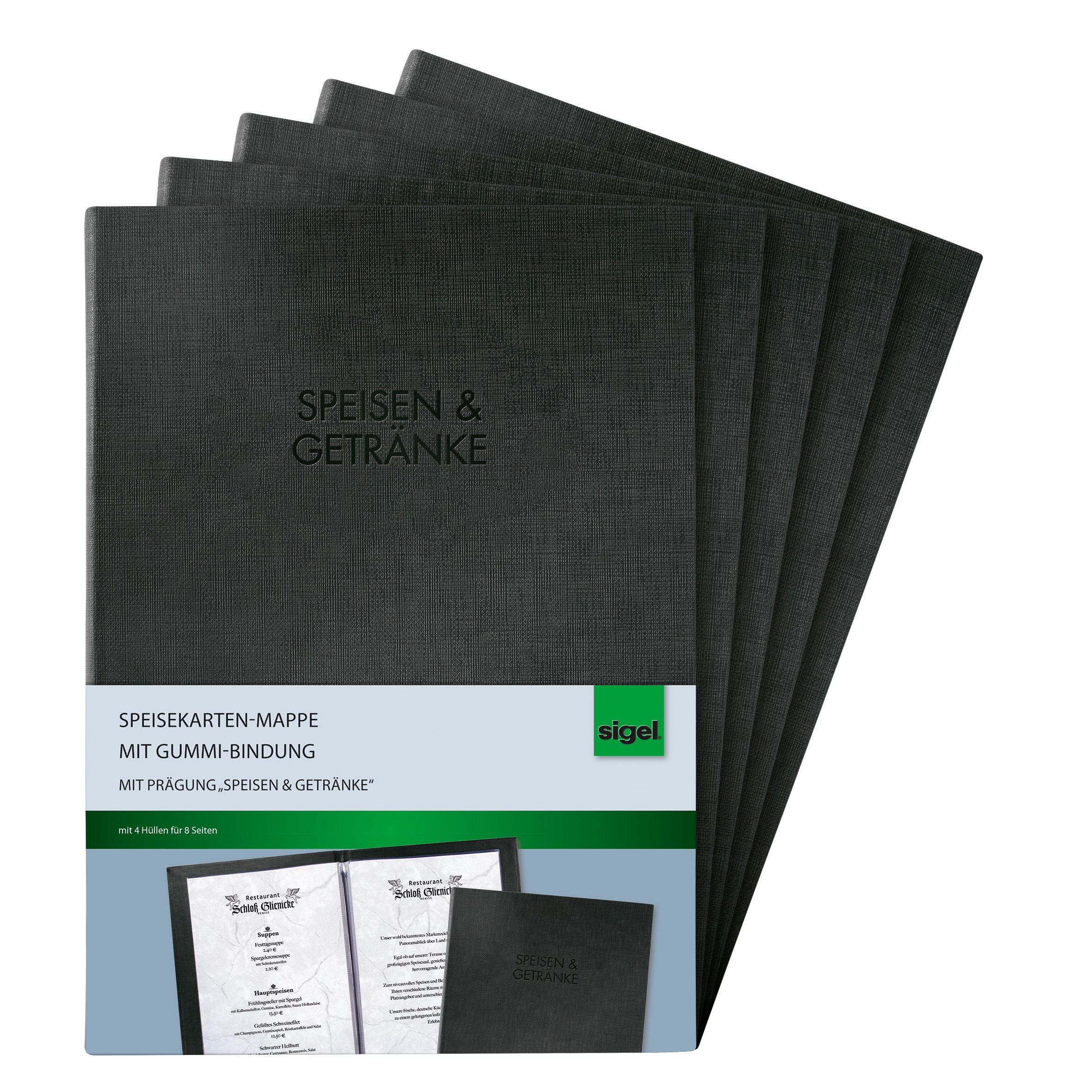 SIGEL SM111/5 Menu Folders with Rubber Binding for A4, Pack of 5, Black with Elegant Linen Texture, Durable and Easy Wipe Clean