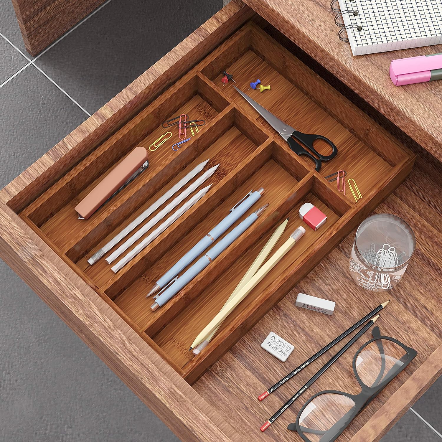 BAMEOS Drawer Organizer Bamboo Silverware Holder, Cutlery Tray Flatware and Utensil Organizer for Knife Spoon Tool Kitchen Garage -