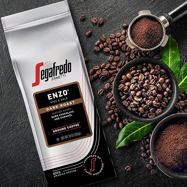 SEGAFREDO ZANETTI GROUND COFFEE – MADE WITH ARABICA COFFEE – DARK ROAST, SMOKY WITH HINTS OF ROASTED NUTS & DARK CHOCOLATE – SOUTH AMERICAN BLEND – RICH, FULL-BODIED – ENZO, 10OZ BAG