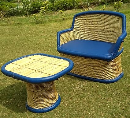 PatioStack Bamboo Outdoor Vintage Rattan & Wicker Sitting Table Sofa Furniture Set for Garden/Terrace / Lawn and Living Room [ Single 2 Seater Sofa Chair, 1 Table ]