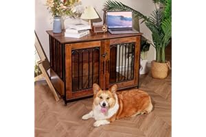 DYHOME Dog Crate Furniture, 39.37" Double Doors Wooden Dog Kennel End Table, Indoor Dog House End Table Furniture Style for Small/Medium/Large Dogs Anti-Chew Crate,Retro Brown