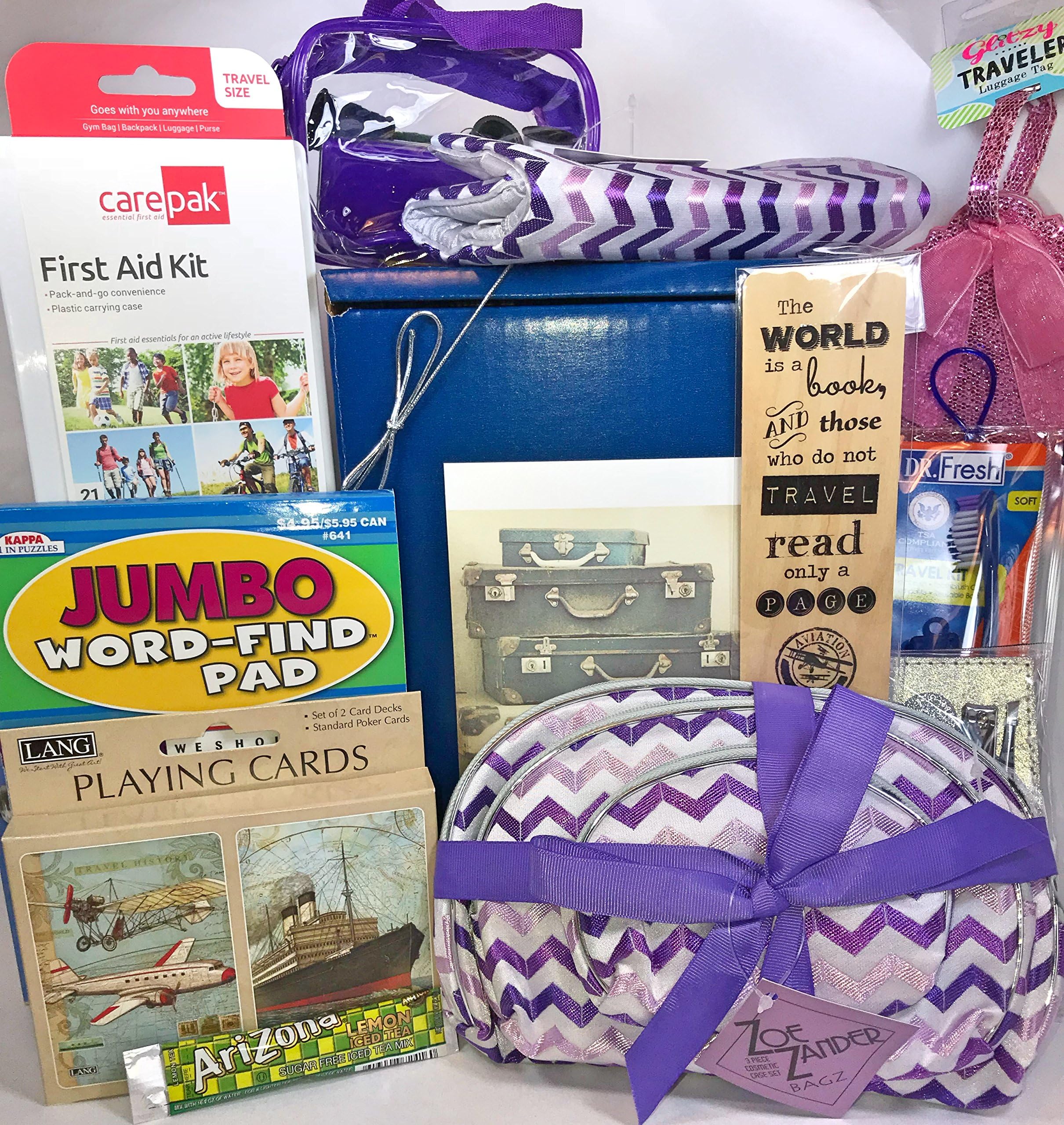 Travel Love to Travel Travelers Gift Box Basket - Great Gift for a Traveler or Guest Room - Birthday Bon Voyage Moving Trip Prime - Cosmetic Set Jewelry Roll Wooden Bookmark Manicure Set Premium Cards