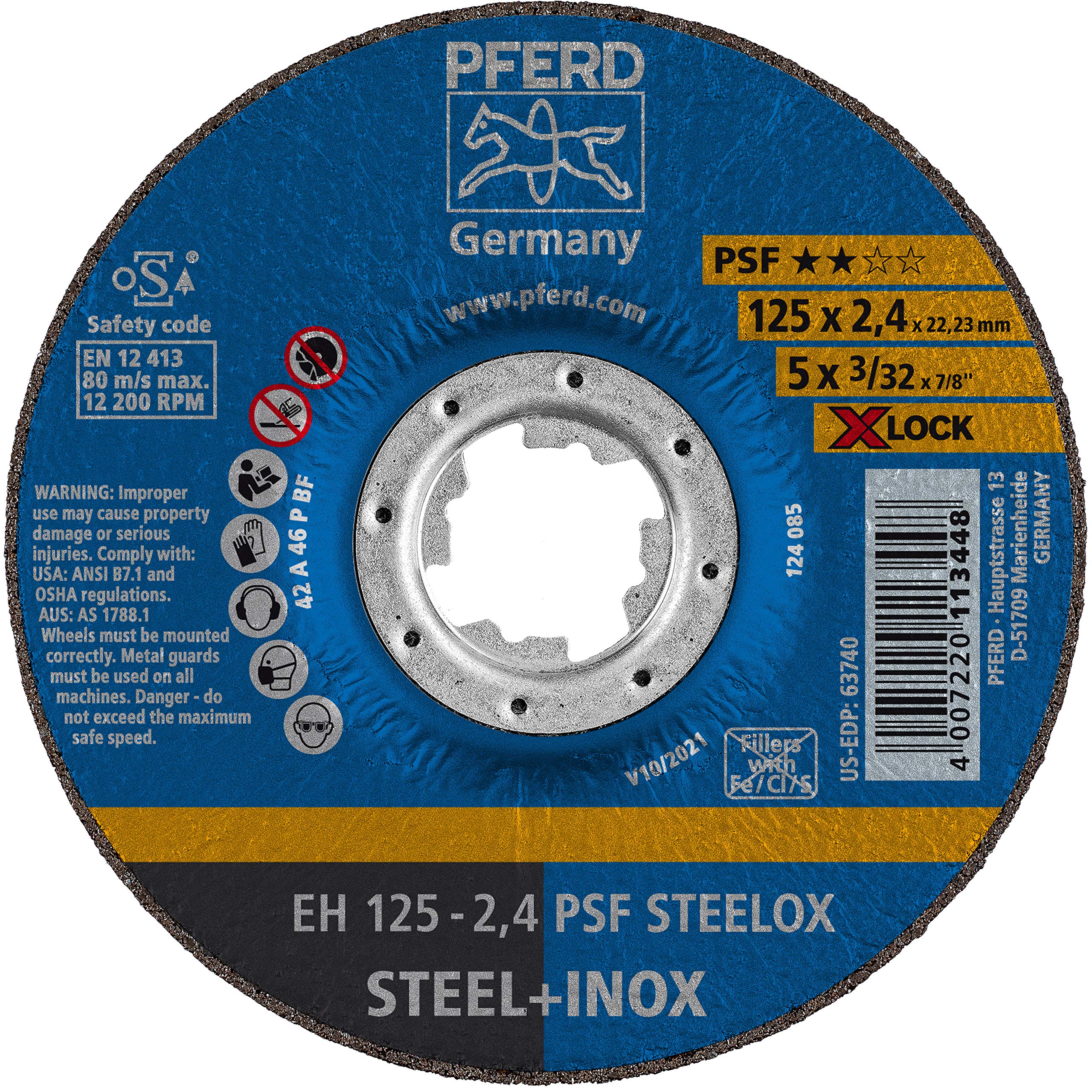 PFERD Cutting Disc, 25 Pieces, 125 x 2.4 mm, Offset, X-Lock (22.23 mm), PSF Steelox, 61740125 - for Quick and Comfortable Tool Change