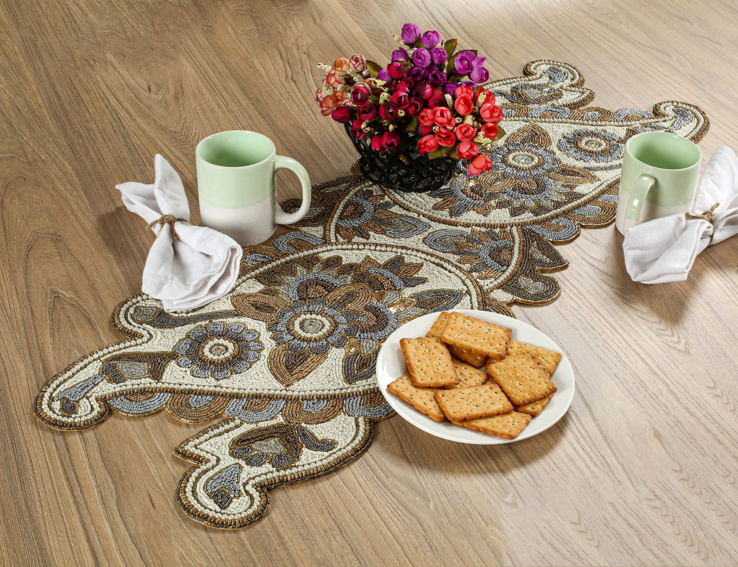 Ivory Gold Beaded Table Runner 36 Inches Long - Beautiful Fancy Elegant Paisley Design Decorative Runner for Dining Table Décor/Easter/Farmhouse/Living Room/Wedding/Party/New Year - 13x36 Inch